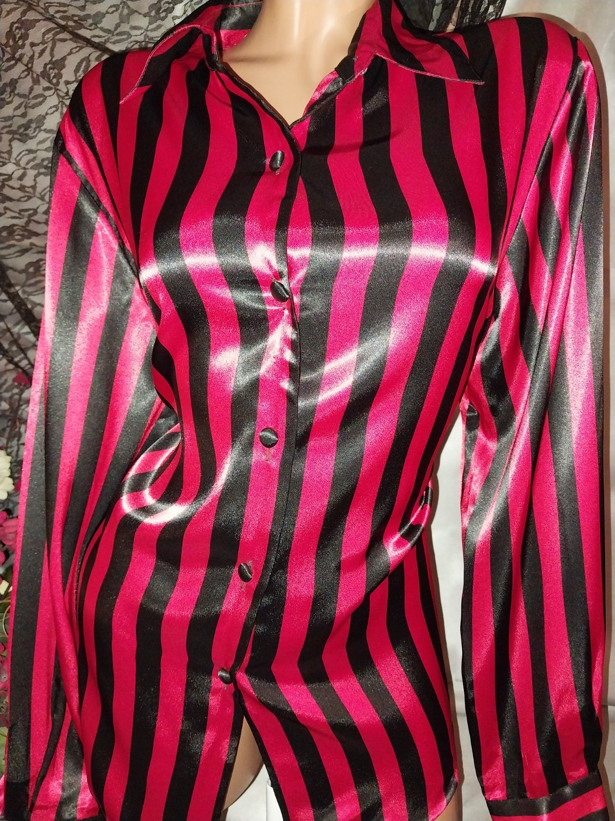 VTG SATIN SHINY NEW SZ 14 BUTTON UP NOTCH BLOUSE CHRISTIE JILL 42″ LUX