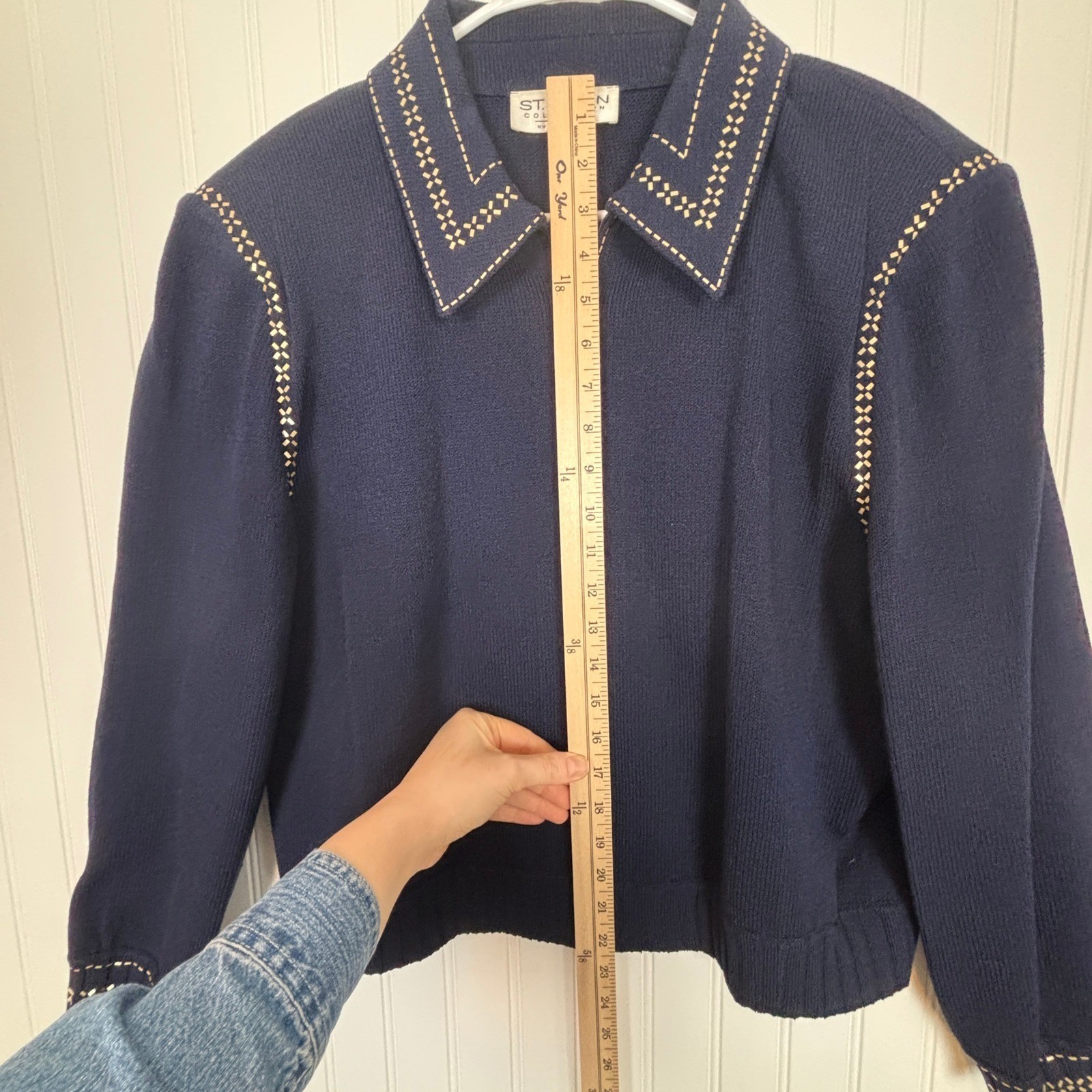 Vintage St. John Collection Knit Jacket Women 16 Navy Blue Gold Studded Zip Up