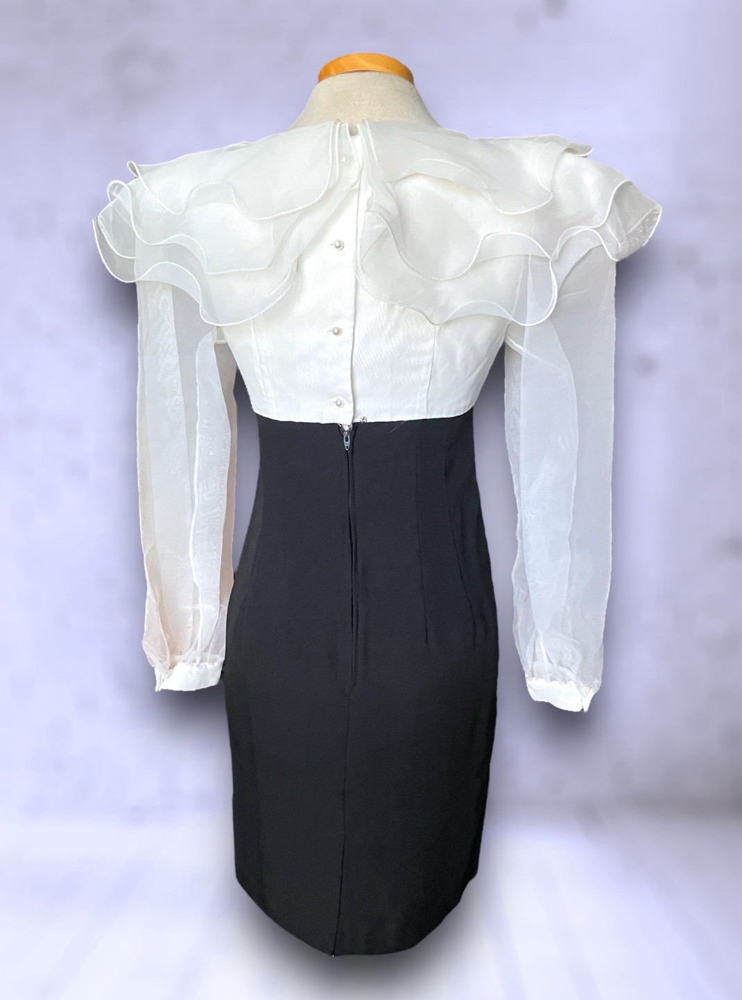 1980’s Black & White Fluffy Bust Long Sleeve Short Pencil Dress Bette Midler