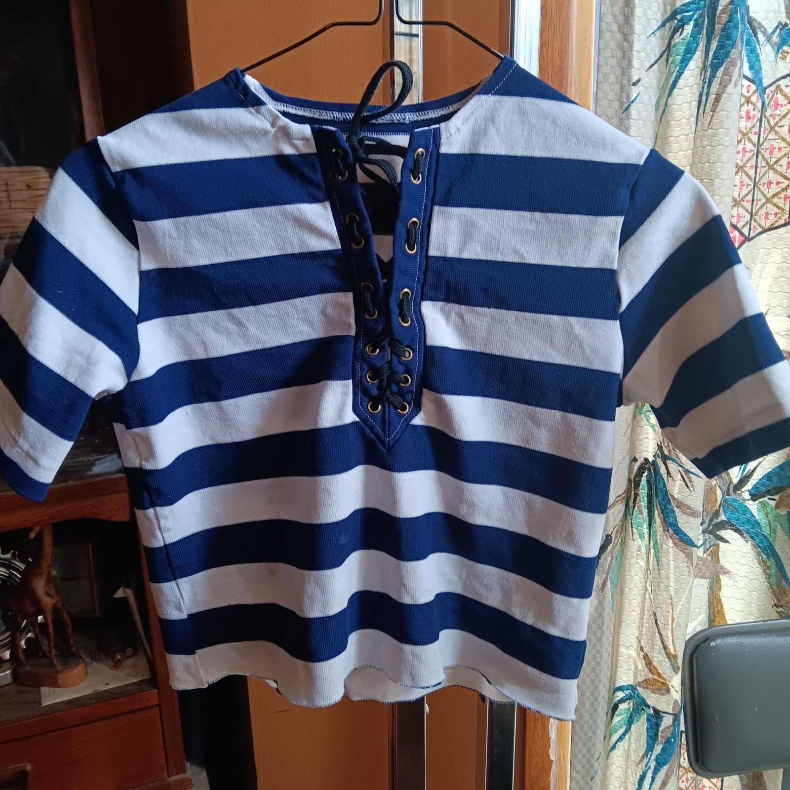 True Vintage 1970’s Lace-Up Top Striped Blue White Cropped Hippie Mod T-shirt