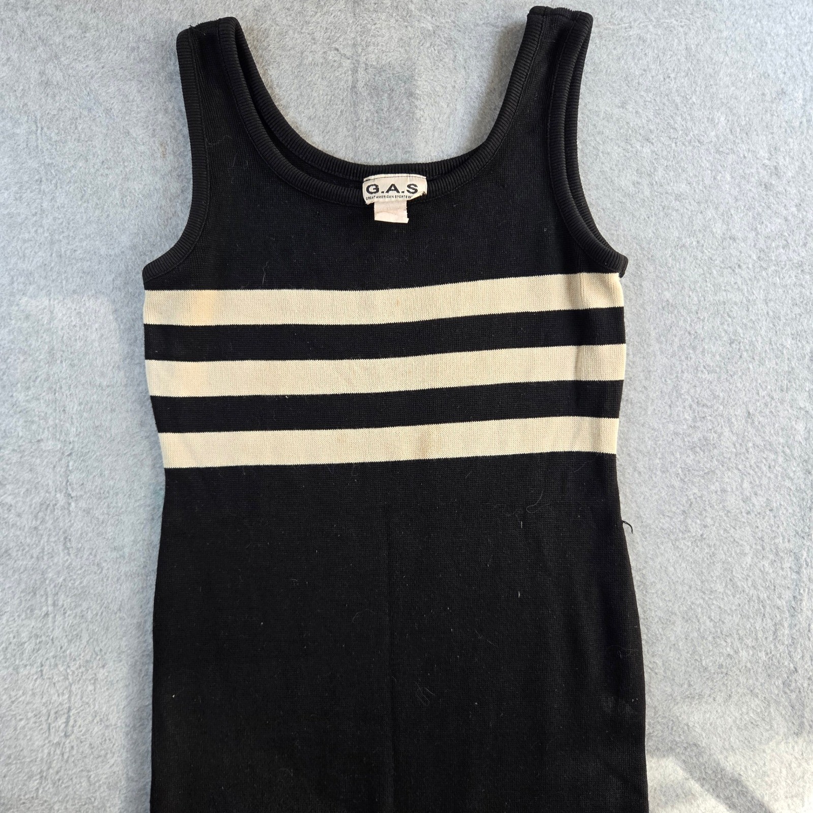 G.A.S. Knit Tank Dress Womens Small Black Cream Striped Vintage Sleeveless Mod