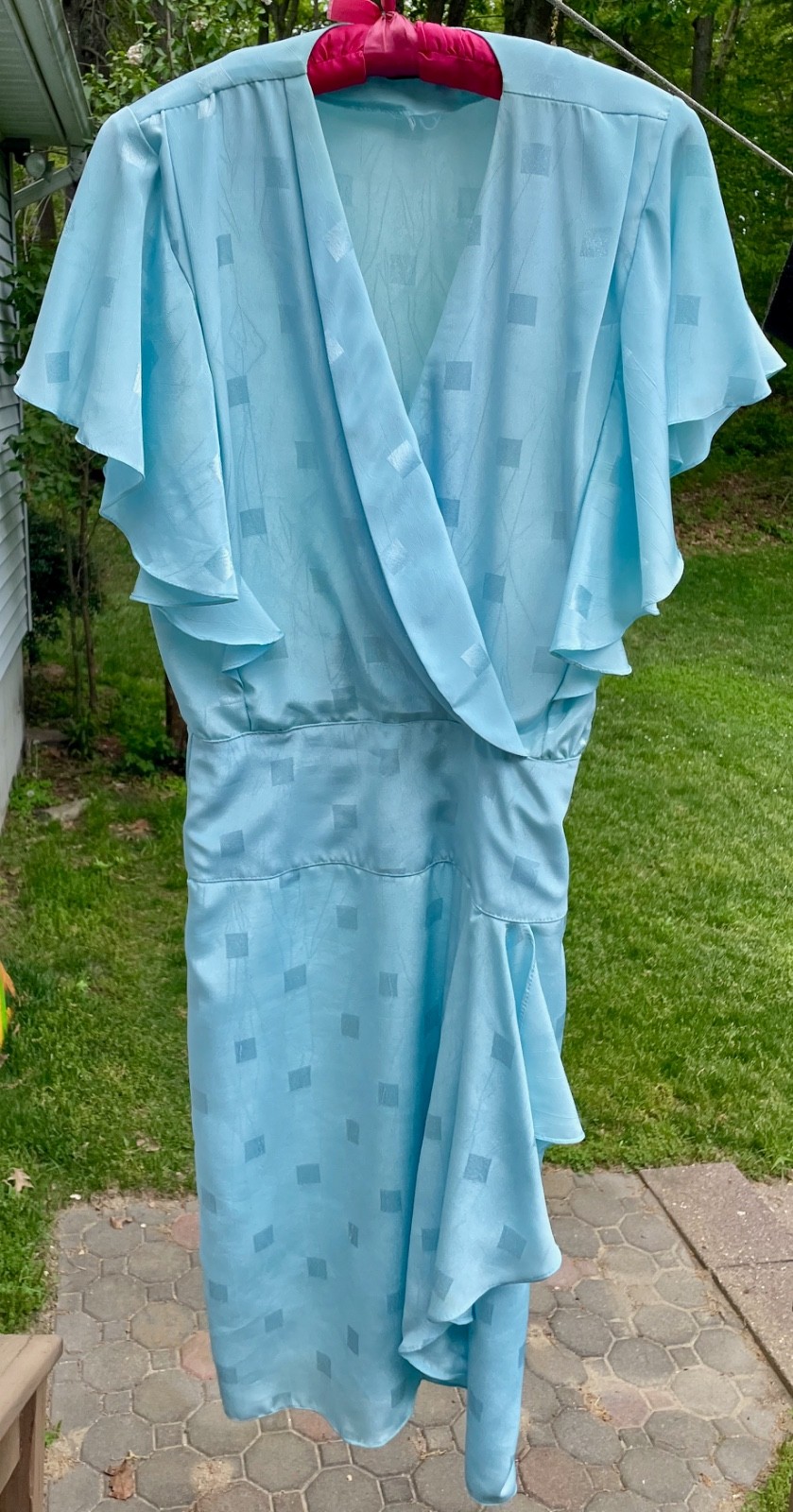 Vintage 90s Dawn Joy Fashions Dress Light Blue Batwing Sleeve Drop Waist Wrap