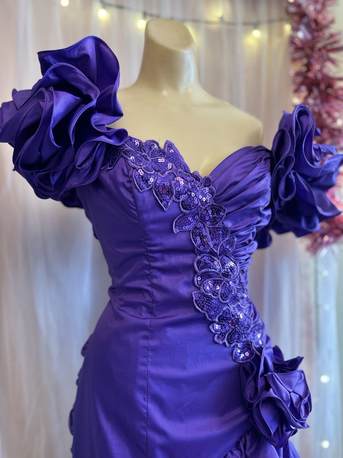 Vintage 80s Formal Prom Party Evening Dress Purple Sequins Poufy Sleeves M