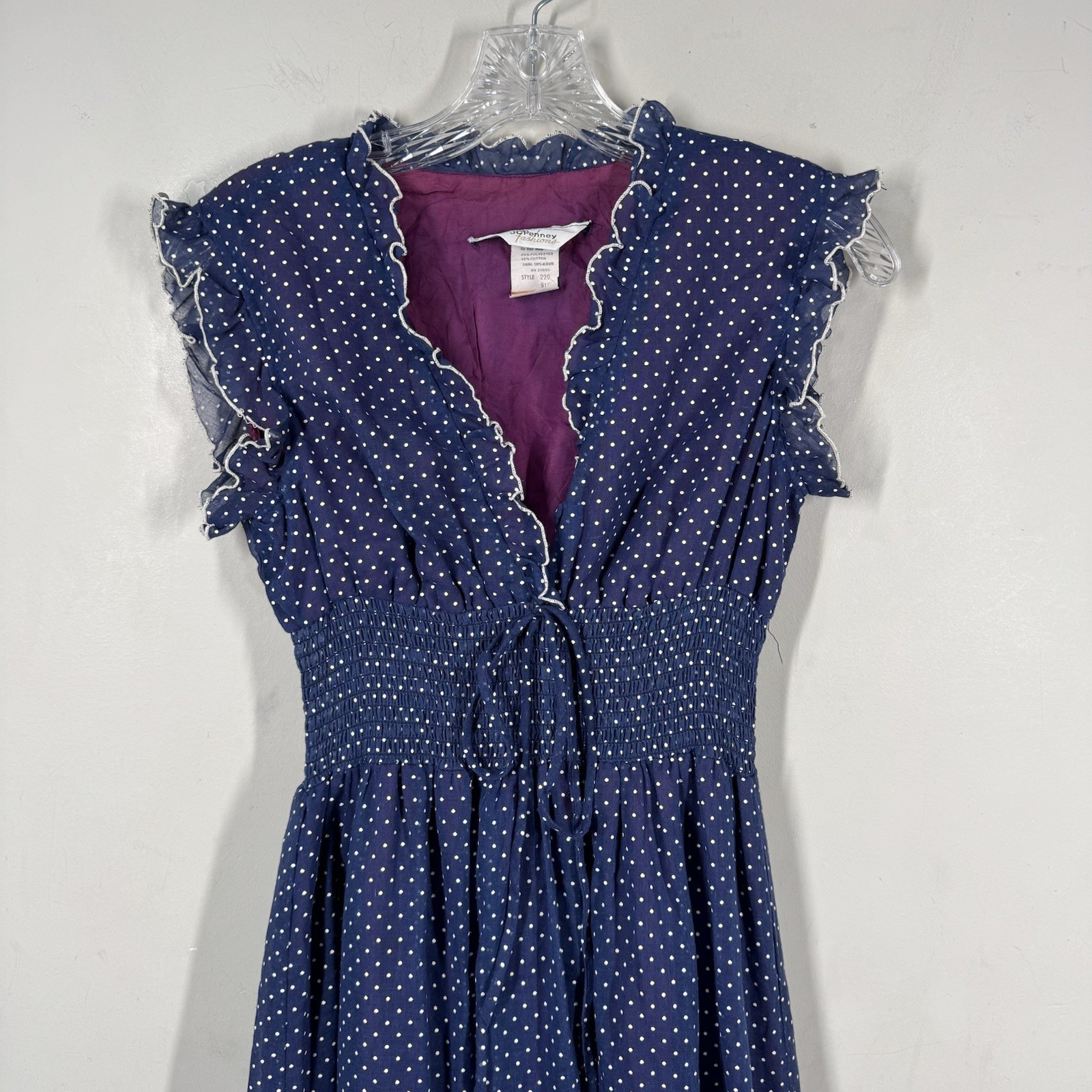 Vtg Ruffle Maxi Dress Sheet Blue Polka Dot Over Lining JC Penny Women Sz 11/12