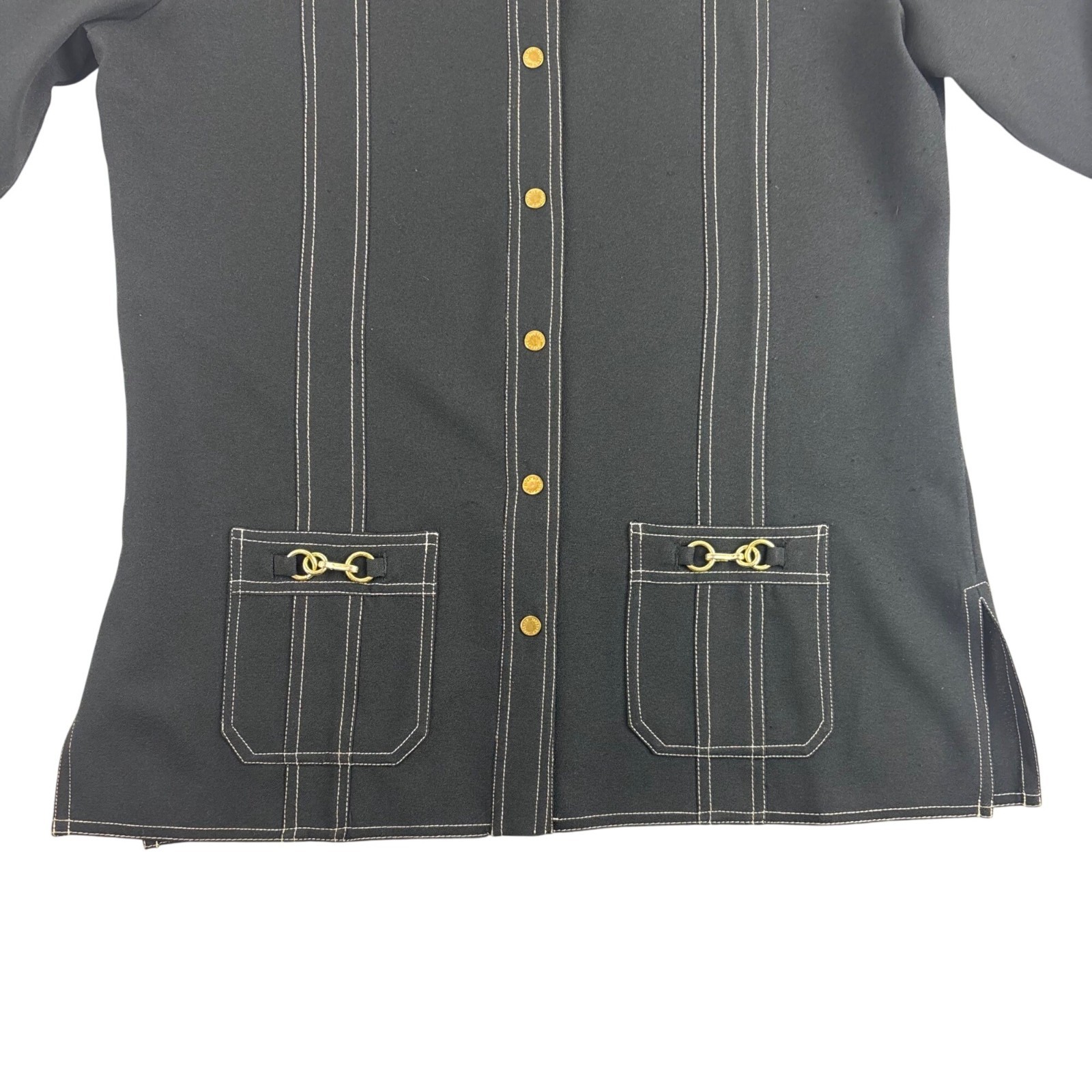 Vintage 70s Black Blouse Womens Large Gold Buttons & Buckles Button Down Shirt