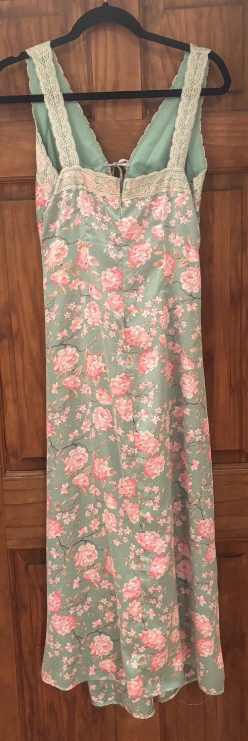 90’s Vintage Slip Dress, Maxi Length, Deep V, Silky Green Floral, Size L