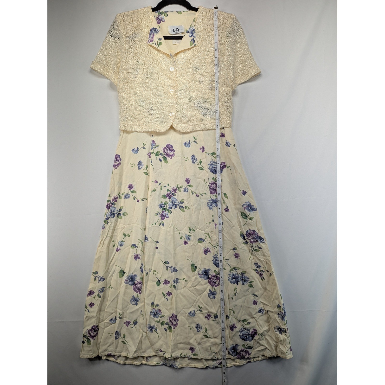 Vintage Los Angeles Gal 90s Floral Maxi Dress & Knit Jacket 2pc Set Cream Size 8