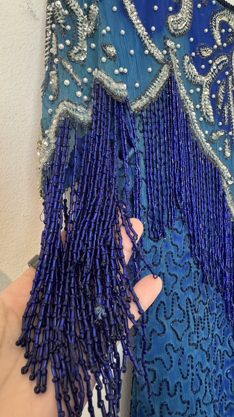 Sweelo Sequin Beaded Silk Formal Evening Dress 8-10 Fringe 80s Vintage Gatsby