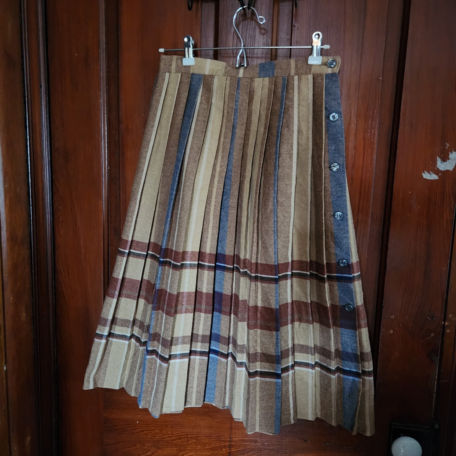 Vintage Chequers Pleated Wool Skirt Size 9/10 Button Down Preppy Union Label USA