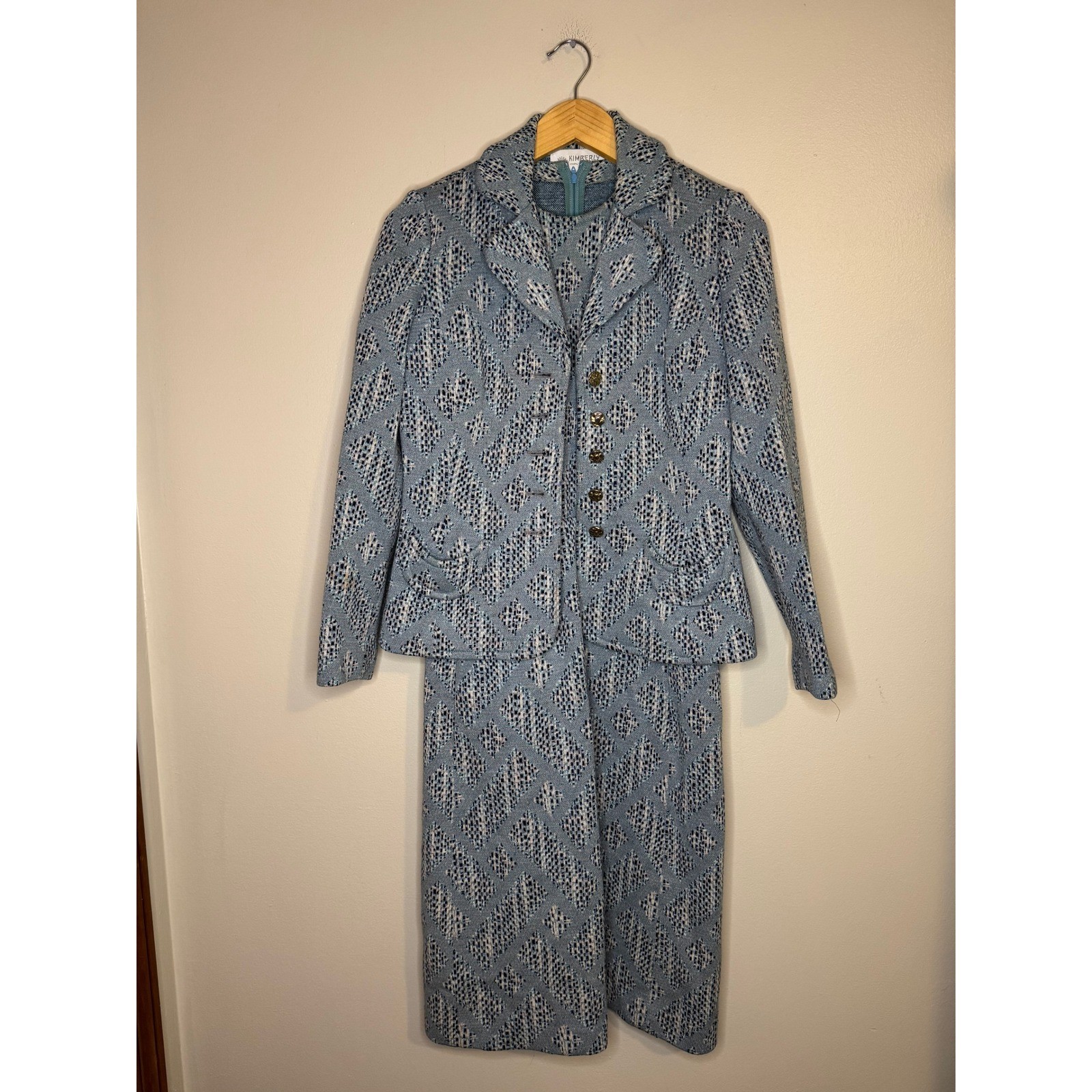 Vintage Kimberly Virgin Wool Knit Dress & Jacket Set Blue Diamond Pattern Sz 10