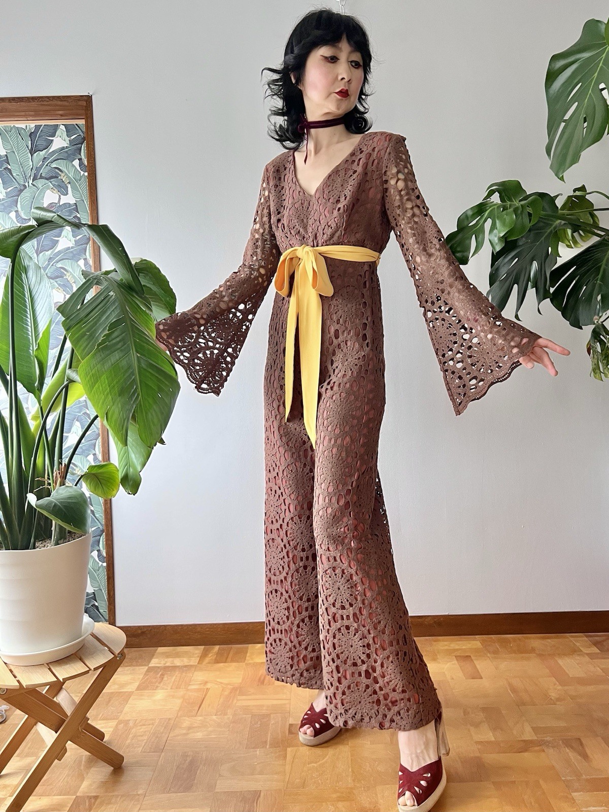 60s 70s Joy Stevens California Crochet Lace Bell Sleeve Flared Wide Leg Jumpsuit