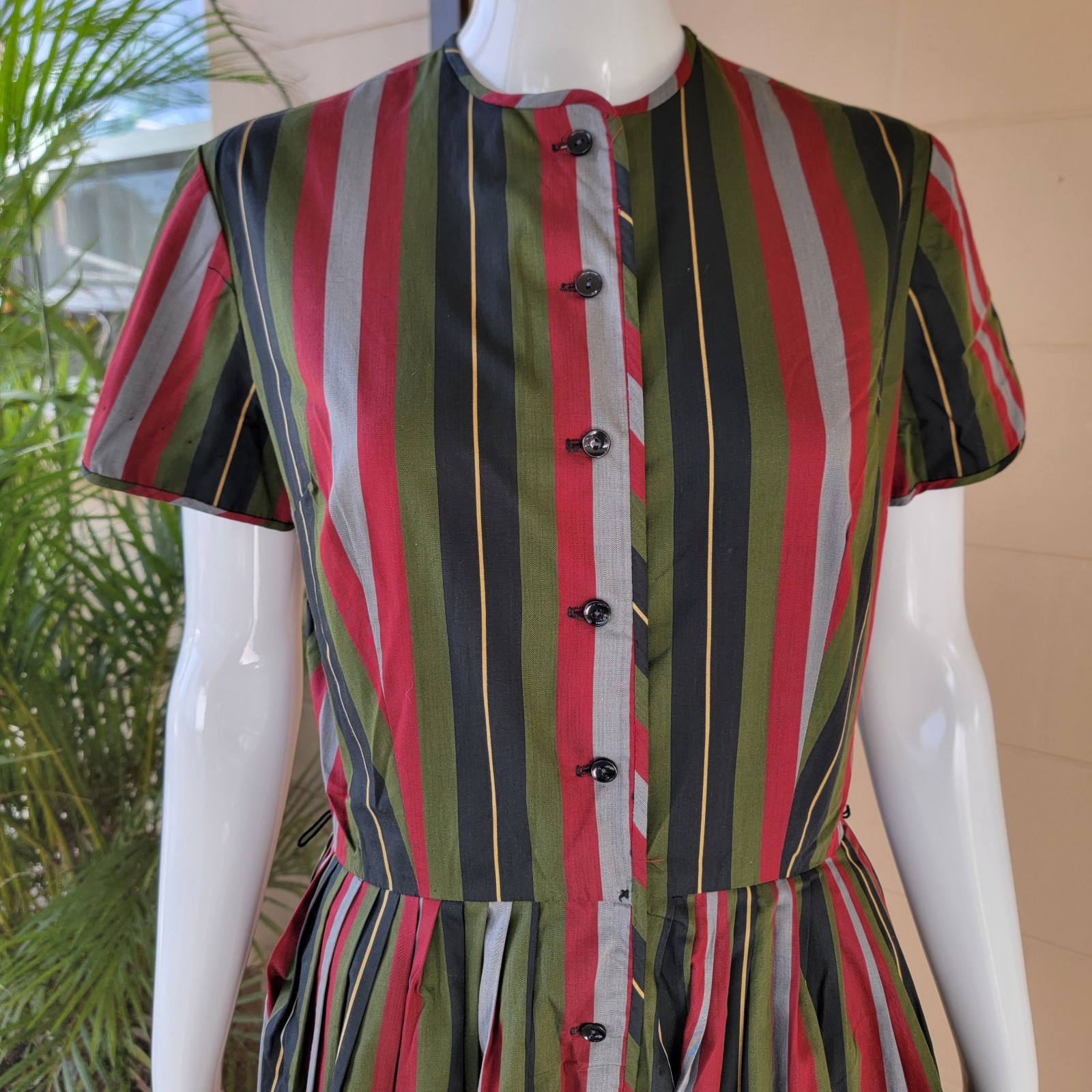 Vintage Bobbie Brooks 60s Striped Day Dress Red Black Green Grey Women Size S/6