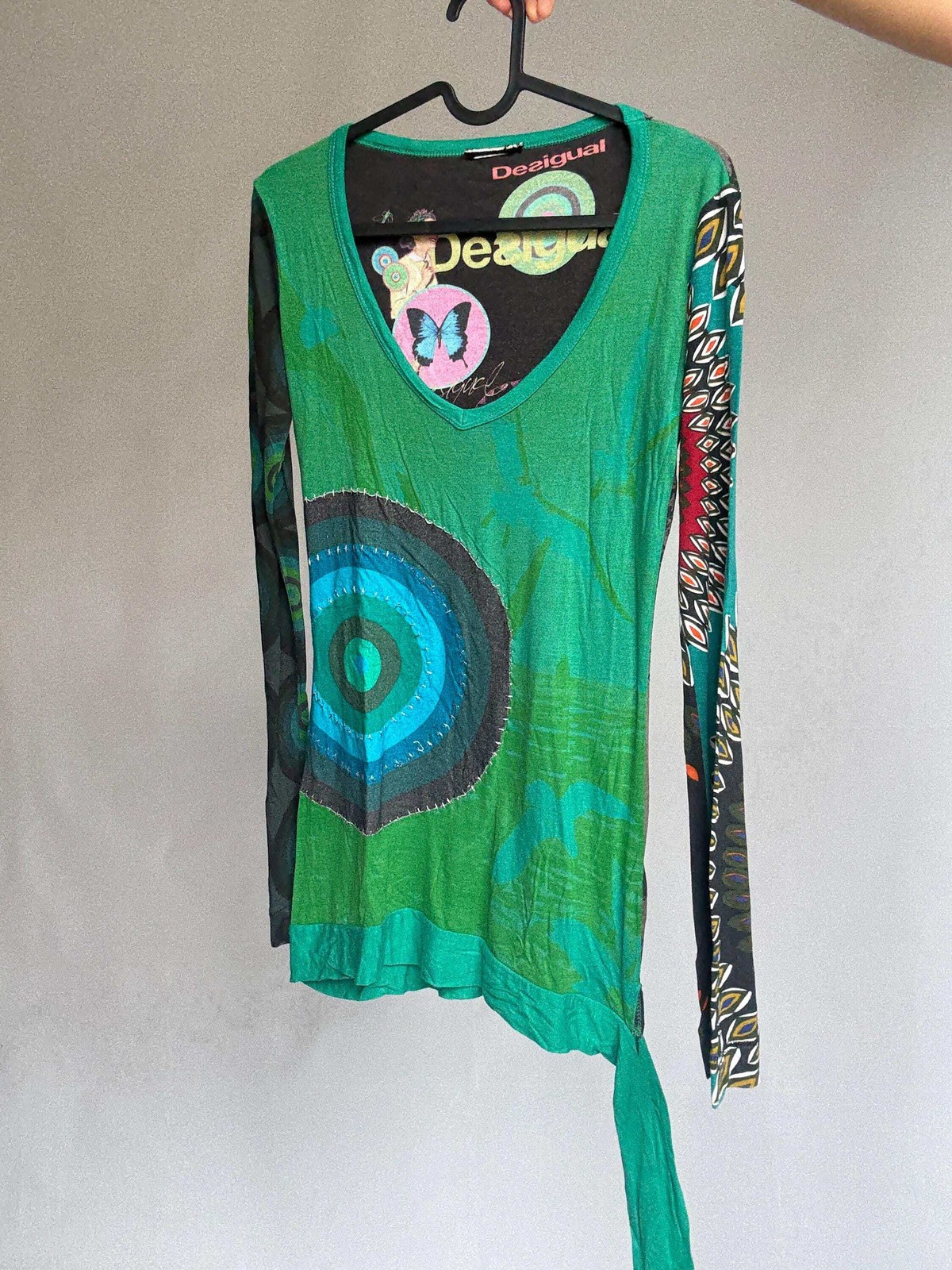 Desigual long sleeve green graphic blouse – bold print, tie waist detail – soft