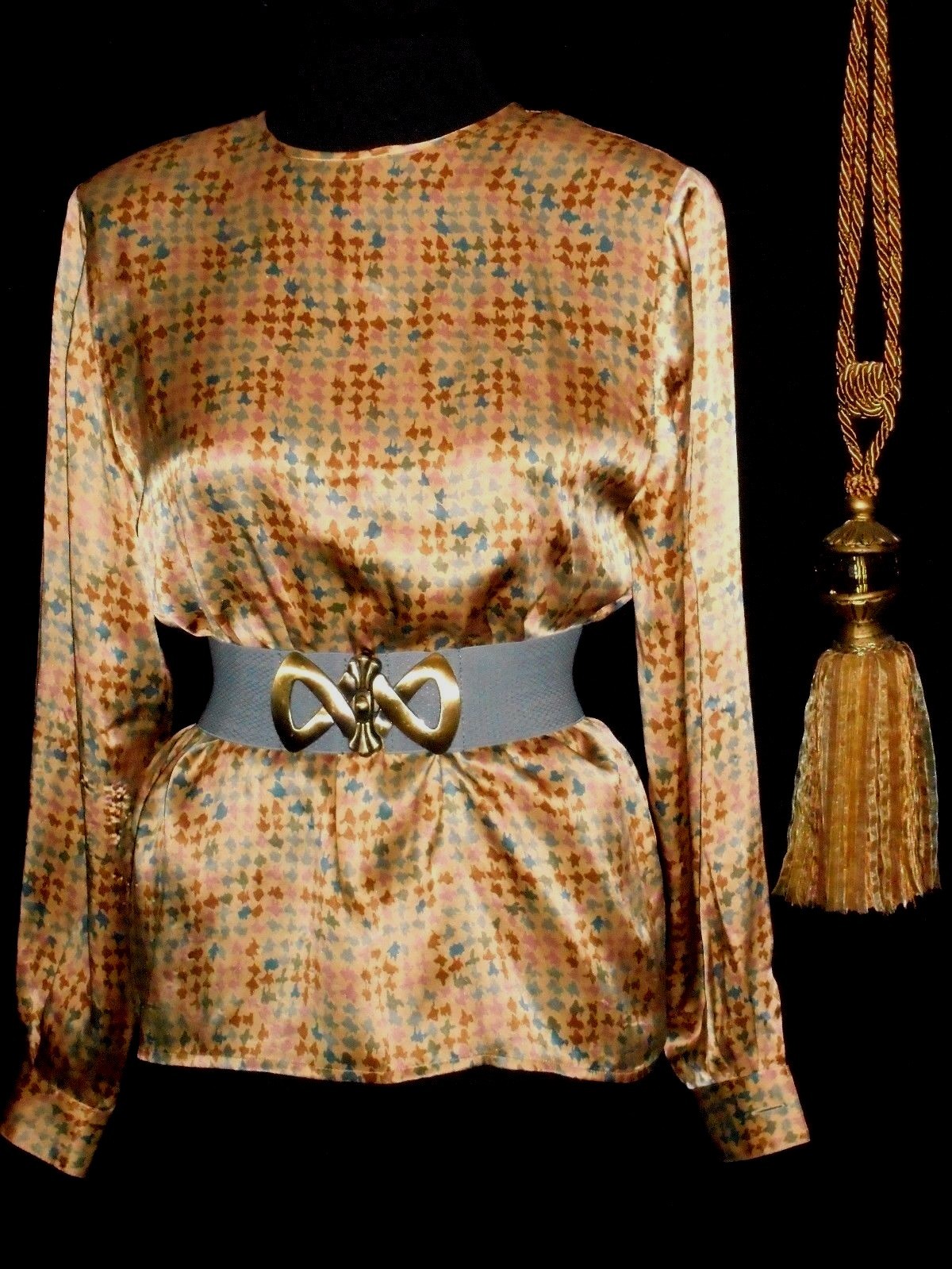 USA VinTage 4 Silk Blouse Gold Beige Teal Long Sleeve Jewel Keyhole Neckline
