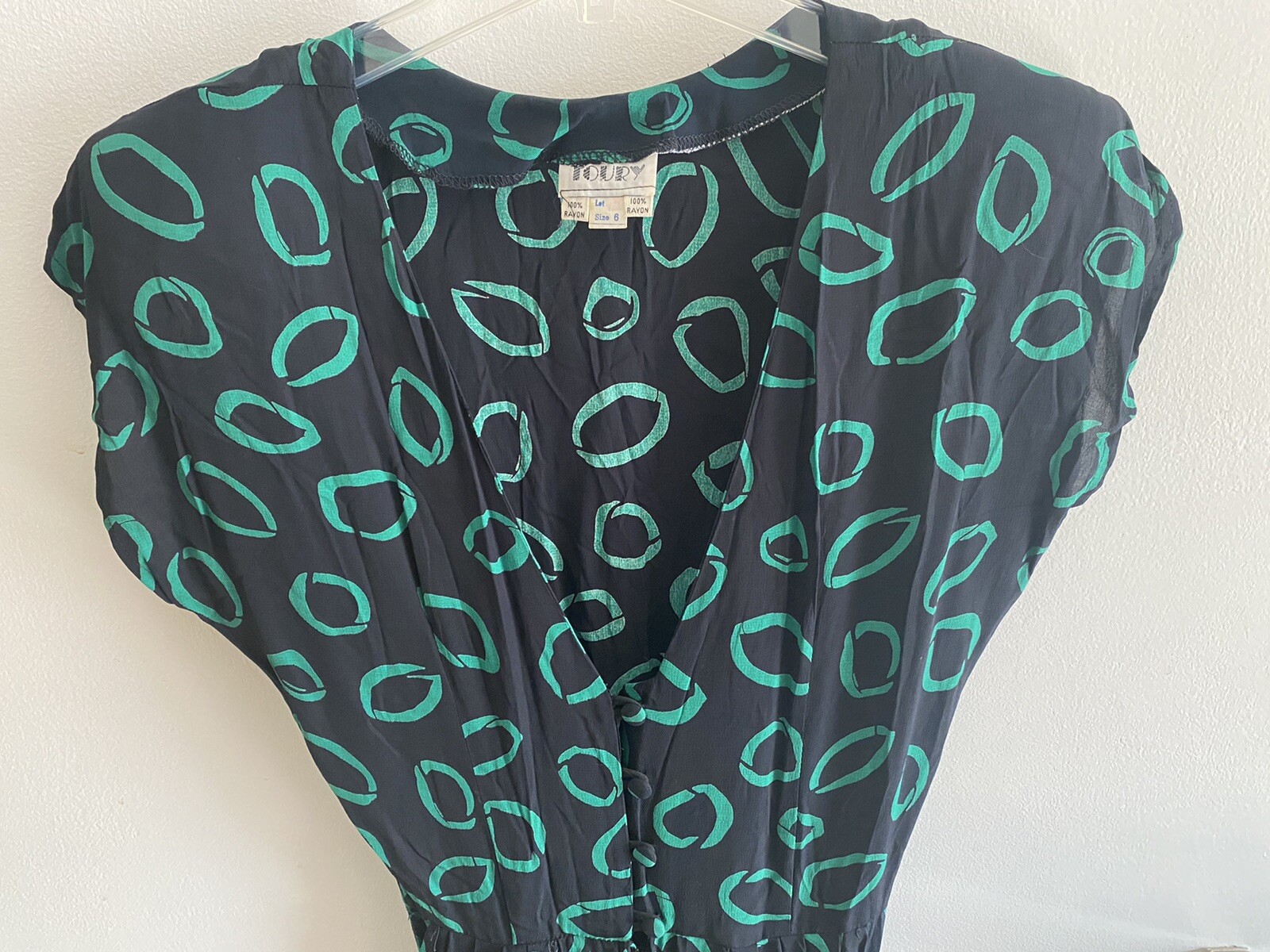 VTG 80’s Toury Dress Black Teal Geometric Overskirt SS Button, Zip Front 6 Rayon