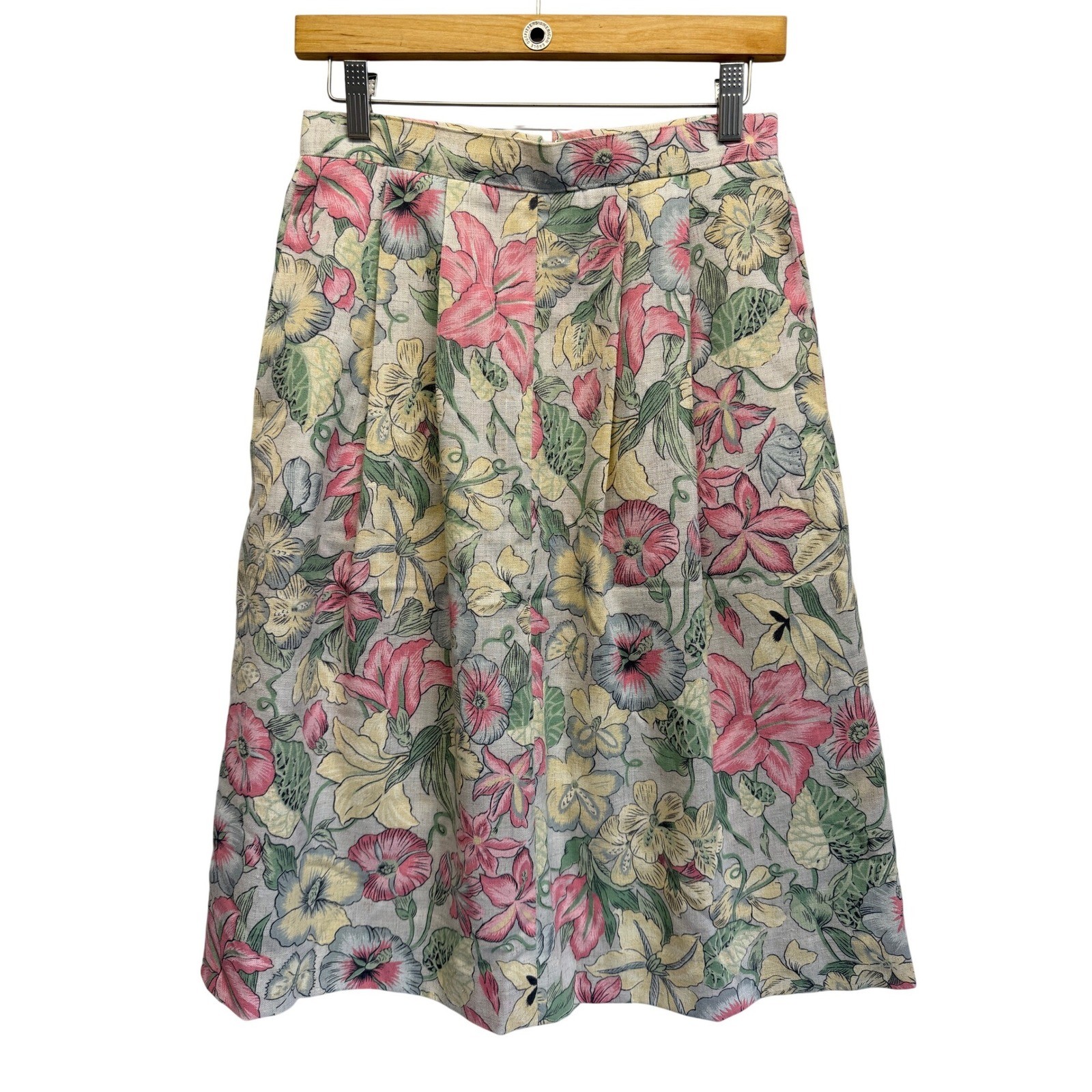 Vintage Handmade 80s Pleated Skirt Floral Cream Linen Pockets Cottagecore