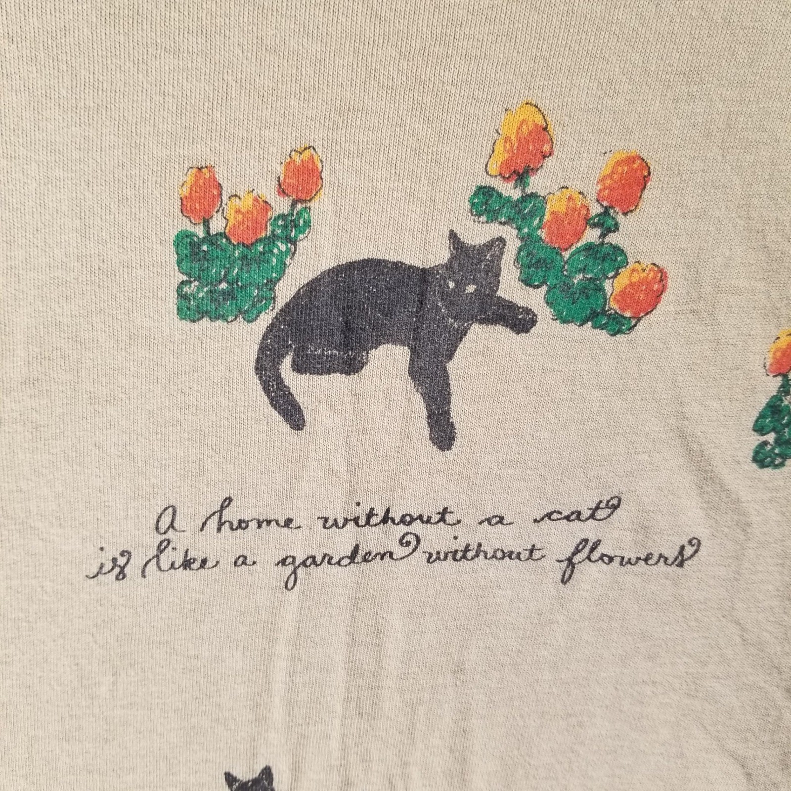 Vintage Painted Lady Cat Flower Cat Lady TShirt Tan Womens Medium USA Made