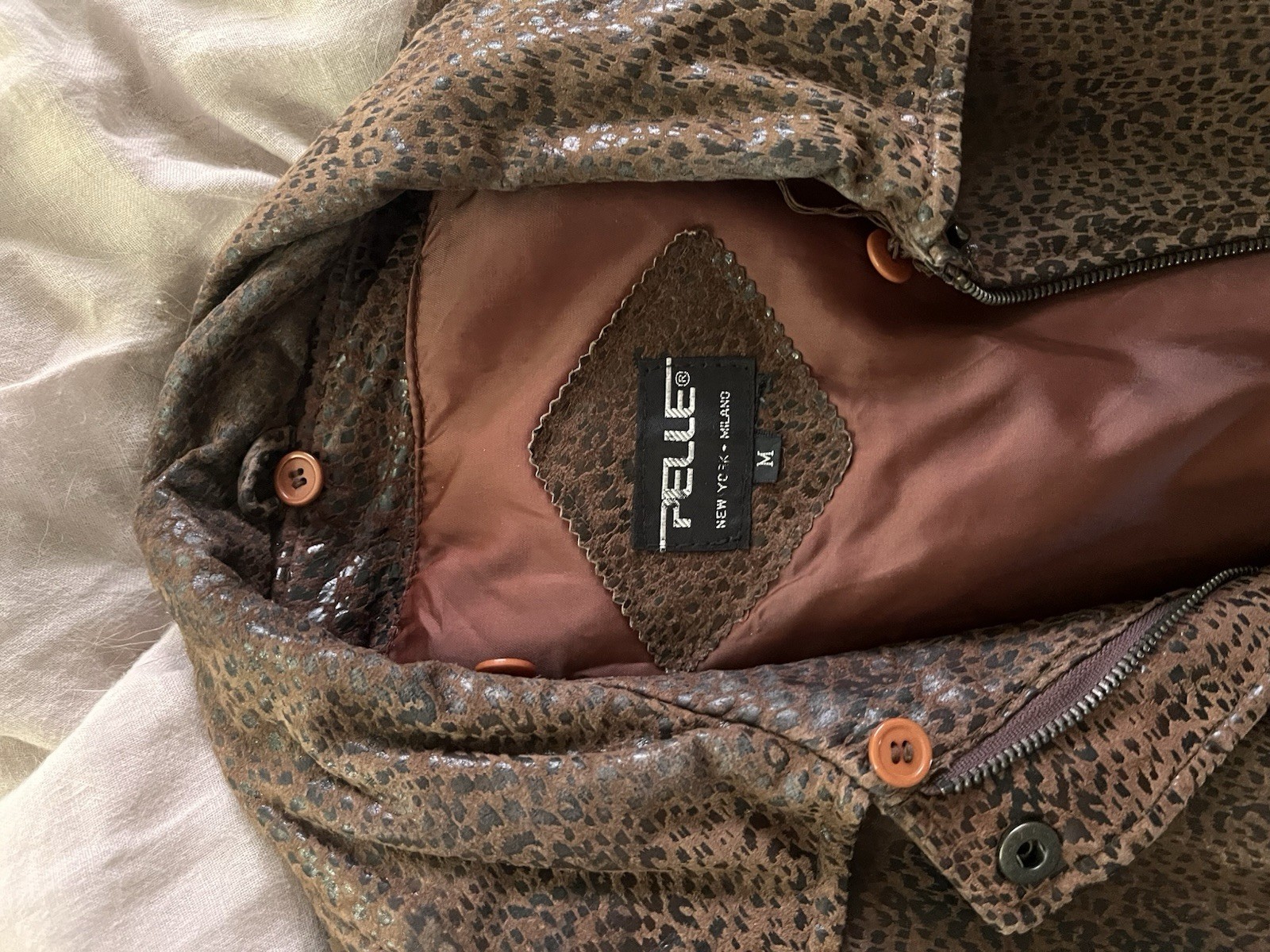 Pelle Genuine Leather Brown Jacket Dyed Animal Print Trim Size M