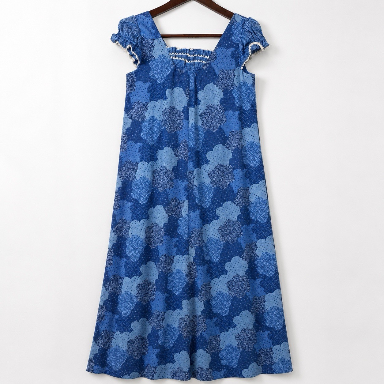 Vintage Penneys Hawaii Blue Floral Cotton Maxi Dress Pockets Lace Trim 9 S