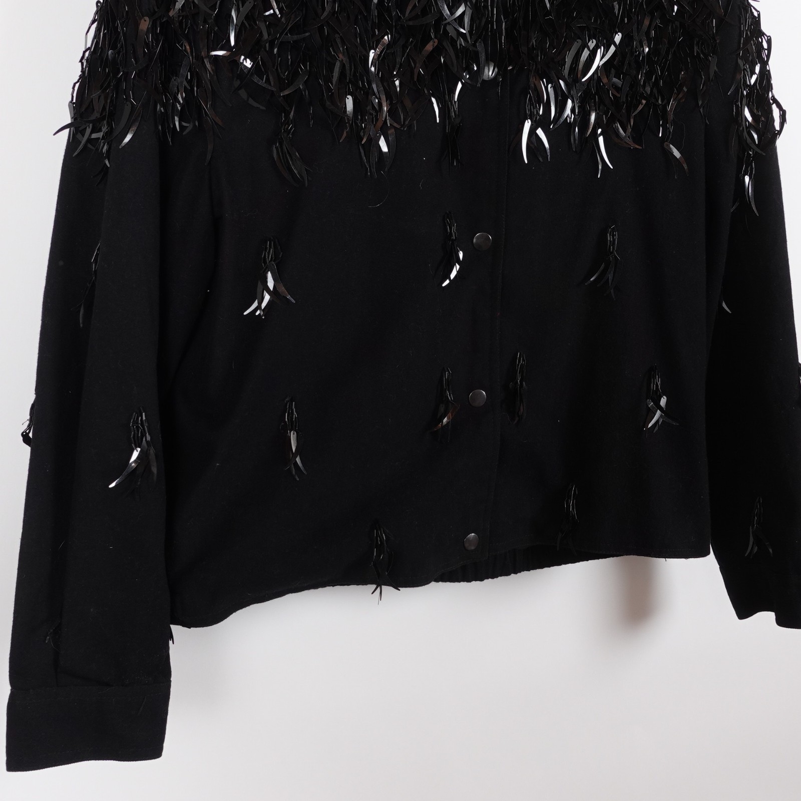 Vintage Modi Denim Feather Sequin Jacket Women Size Large Black Beaded Fringe