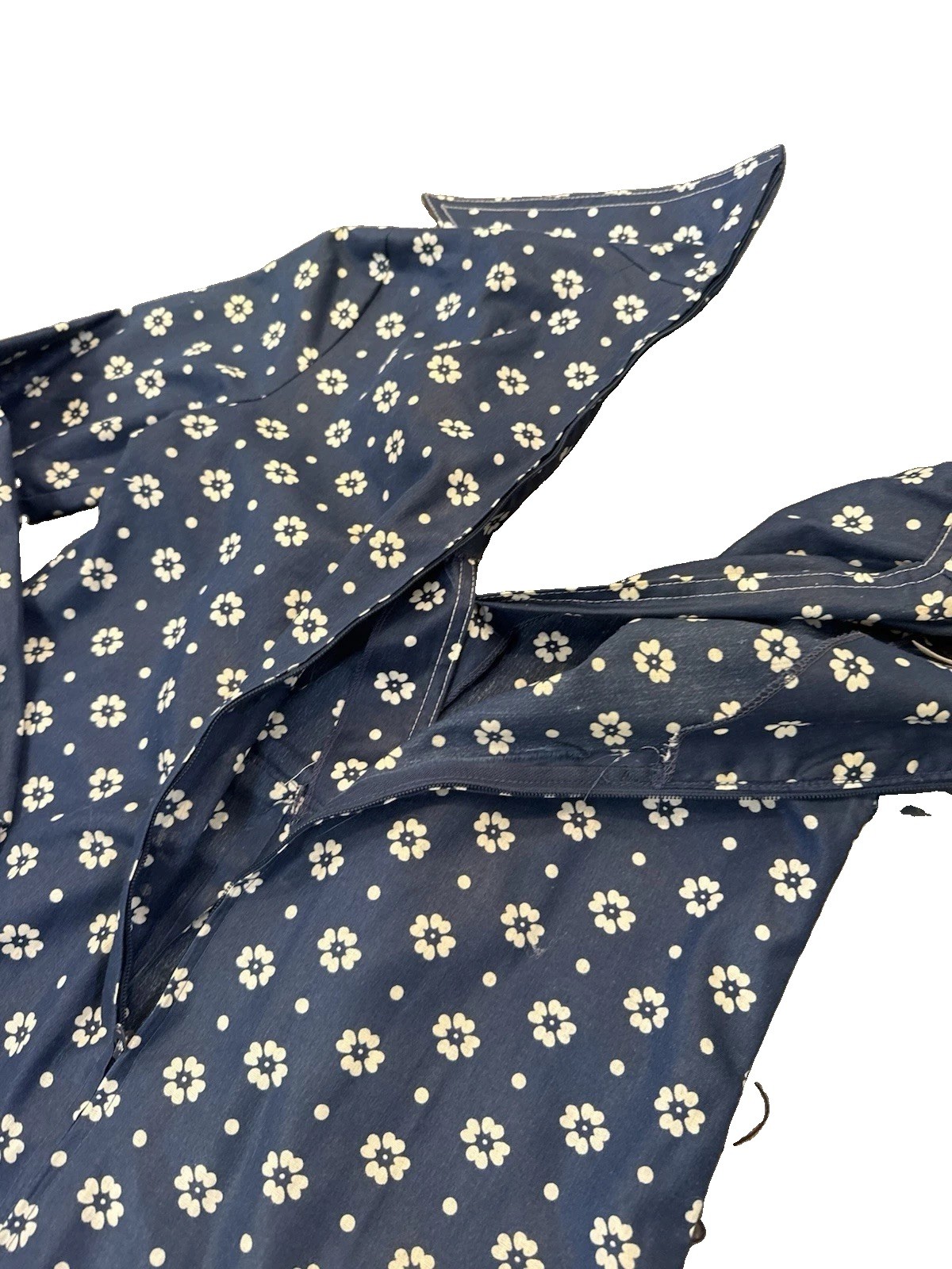 Vintage 1970s DW3 David Warren Collared Dress Navy & White Floral Belted Sz S/M