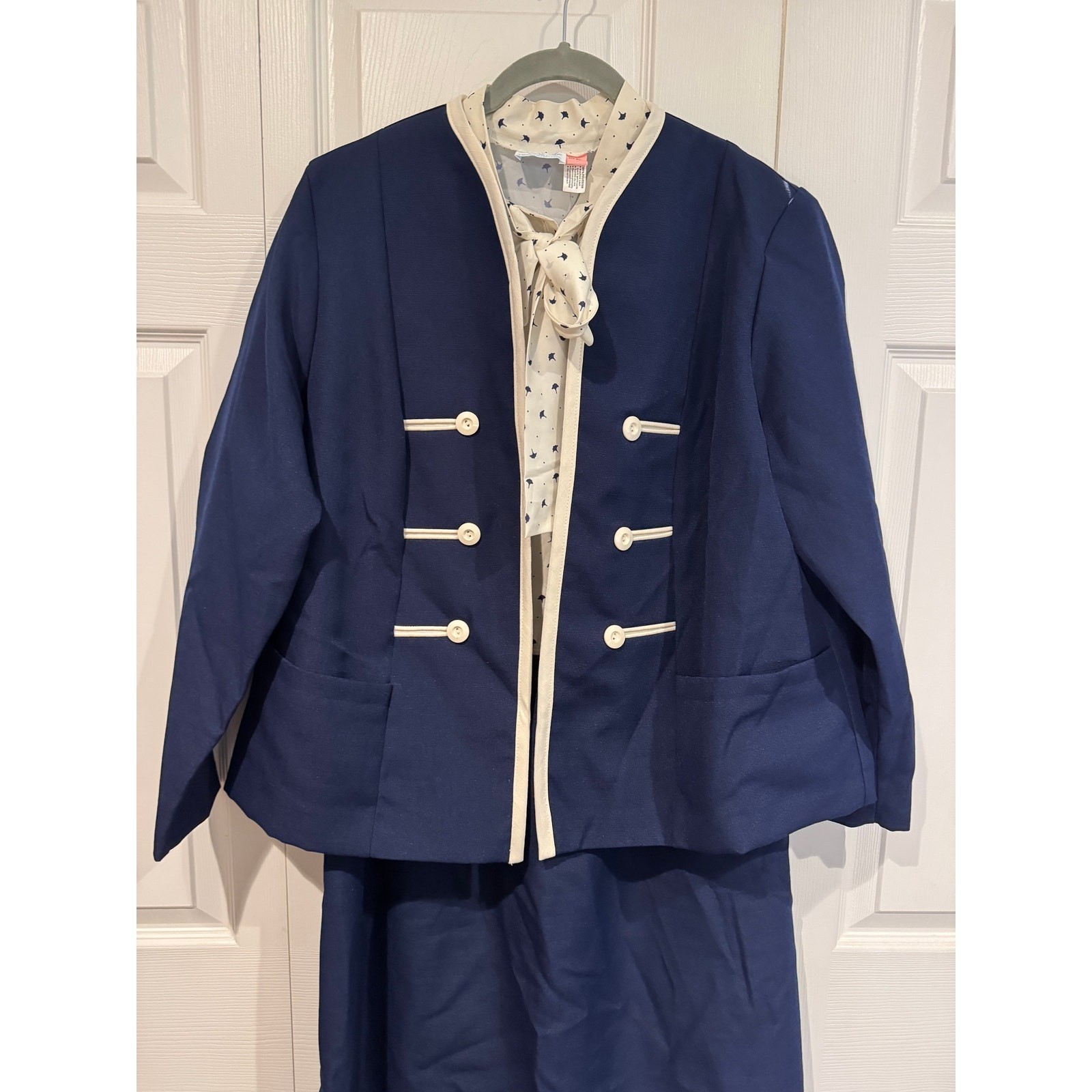 Vintage Lorac Original Lady Carol Navy Cream Dress Jacket Set XL Retro Office