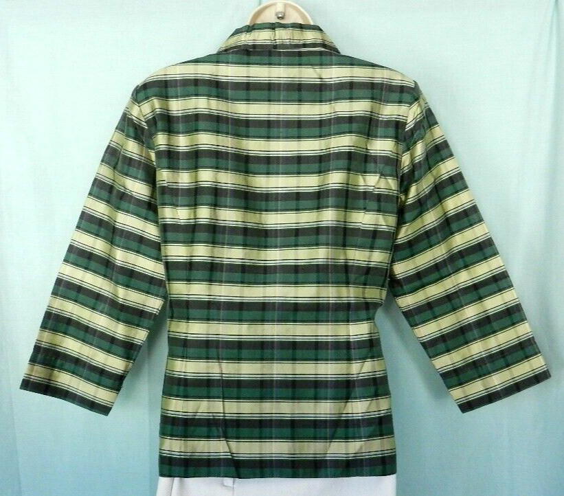 VTG. 2000s SILKLAND Raw Silk Green Plaid Lined 3/4 Sleeve Lightweight Jacket M