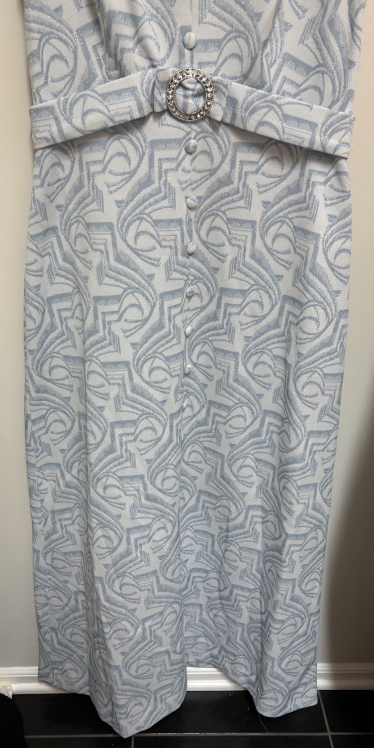 Vtg 60s 70s Mod Blue Silver Metallic Lounging Maxi Dress Hostess Dressing Gown 6