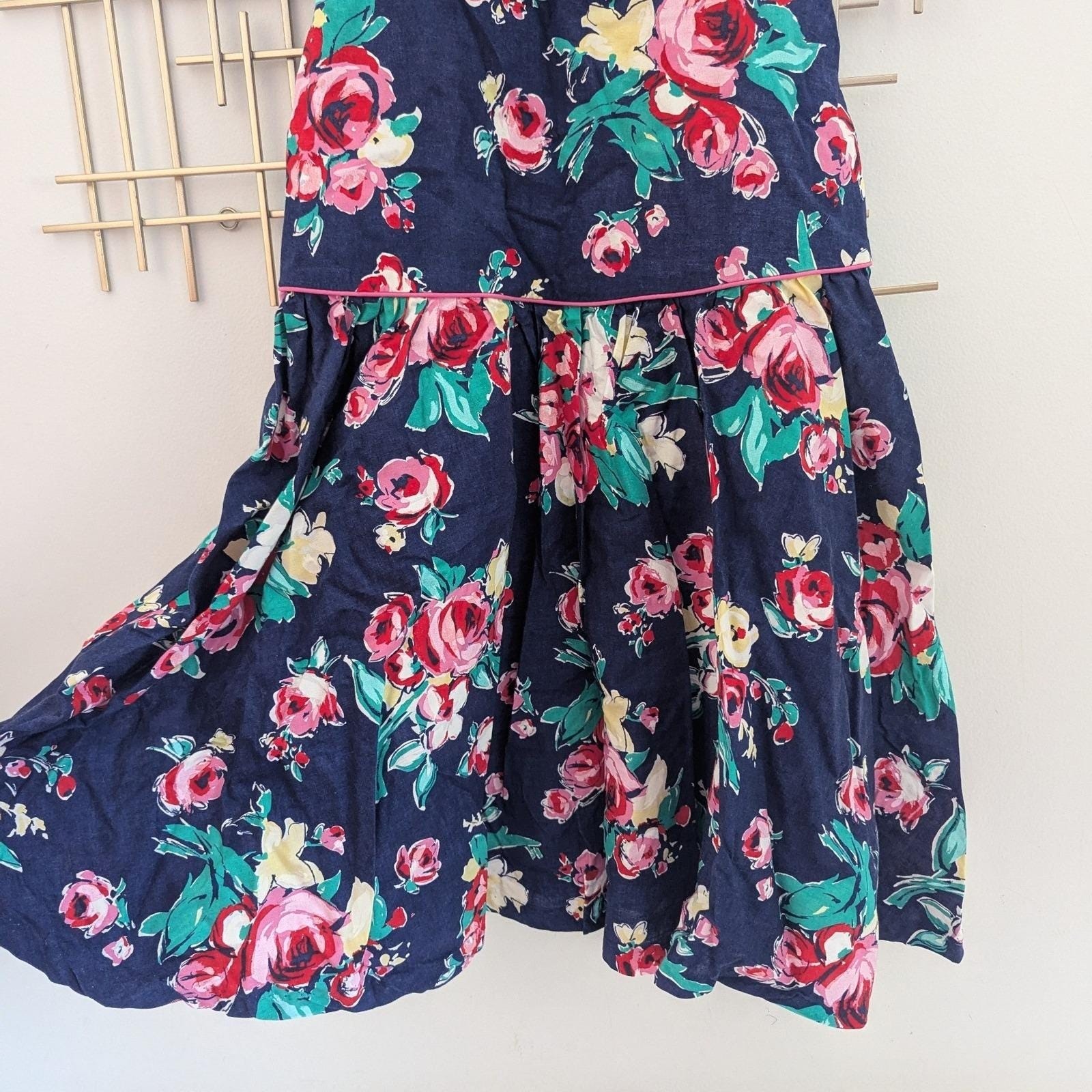 Vtg 80s Midi Dress Navy Pink Floral Drop Waist Piped Trim Short Sleeve Sz 10