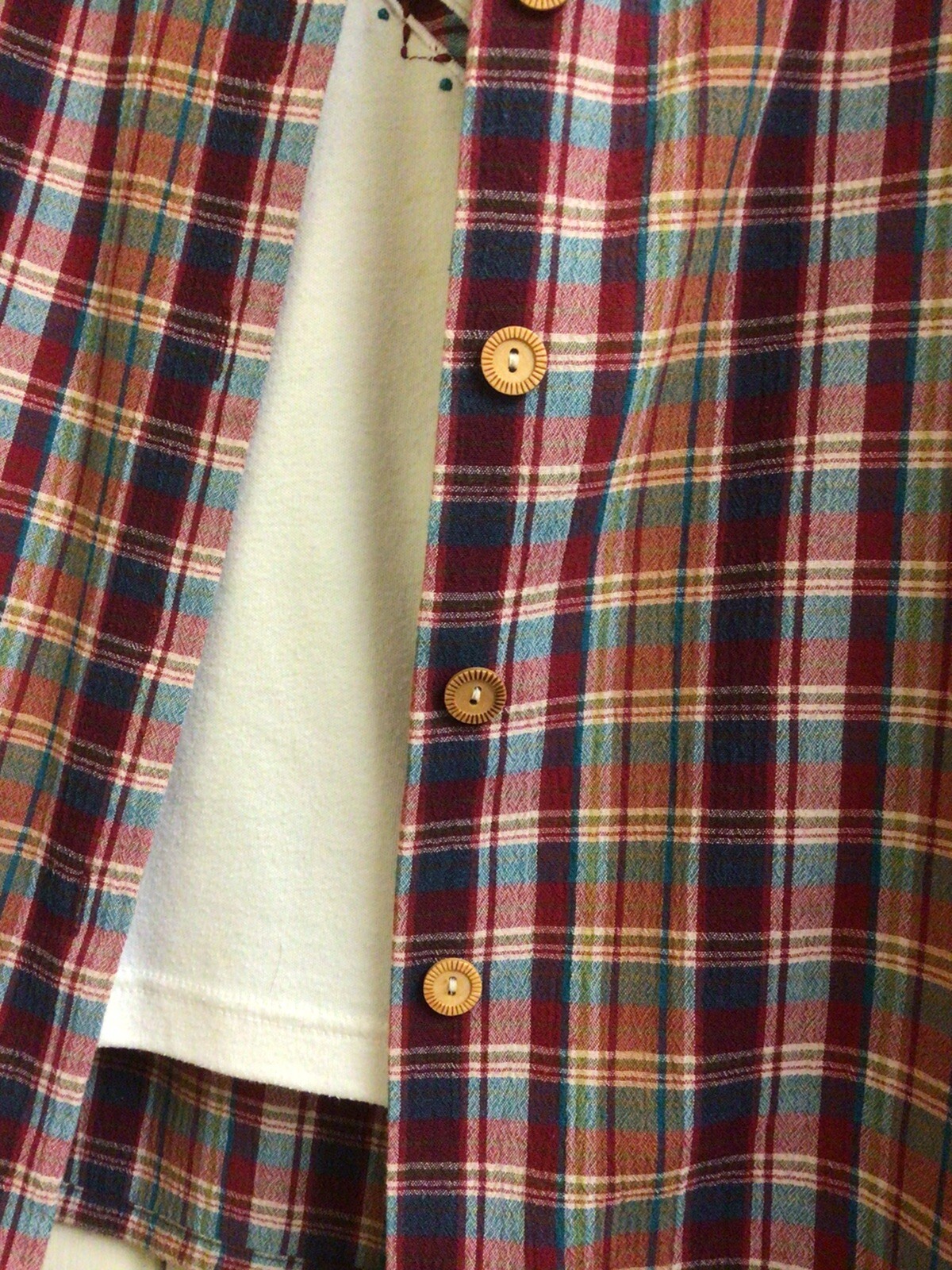 Napa Valley Women Med Blouse 2-in-1 Top Beige Plaid Red Green Embroidery Vintage