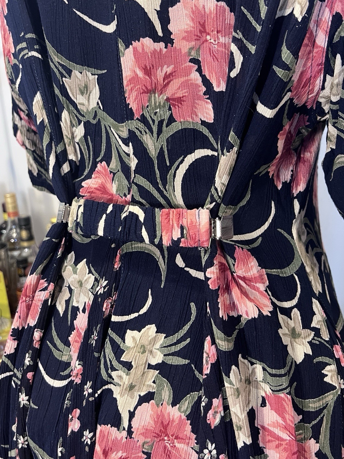 Vintage 80s Starina Navy and Pink Floral Maxi Godet Dress