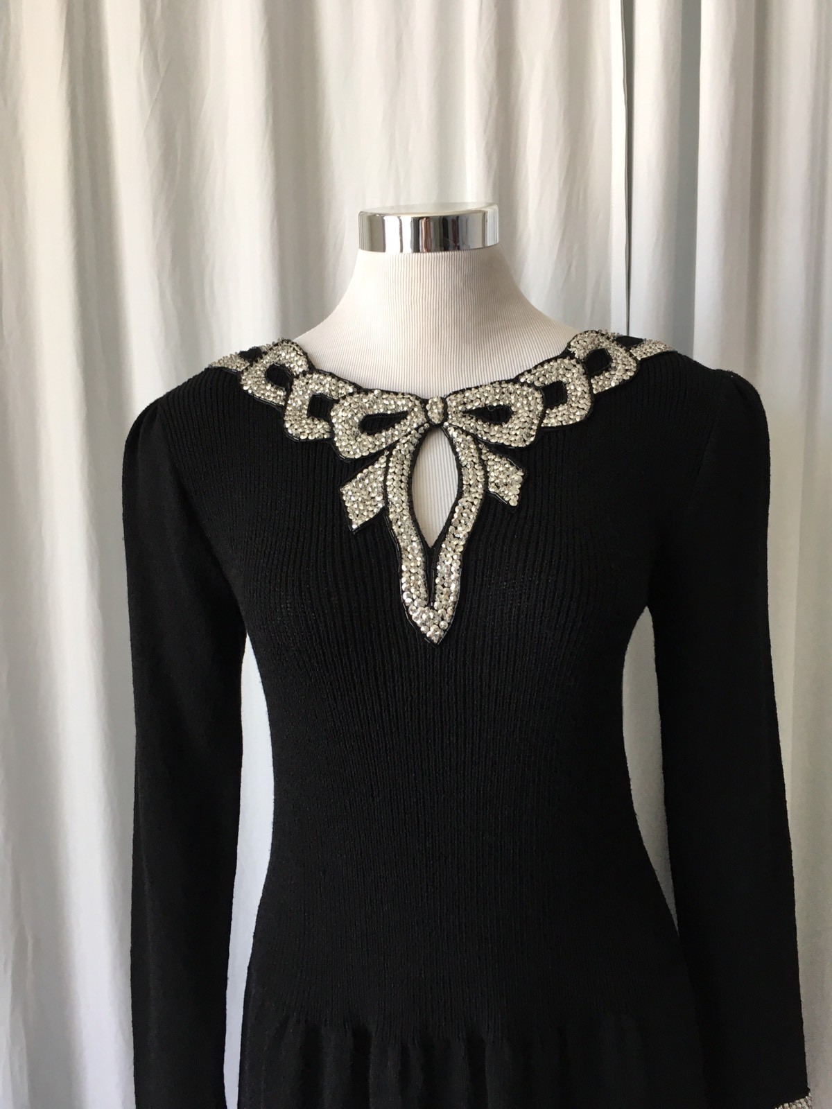 Vintage 70s DON SAYRES Knit black Dress Sequins Bow Bib S/M