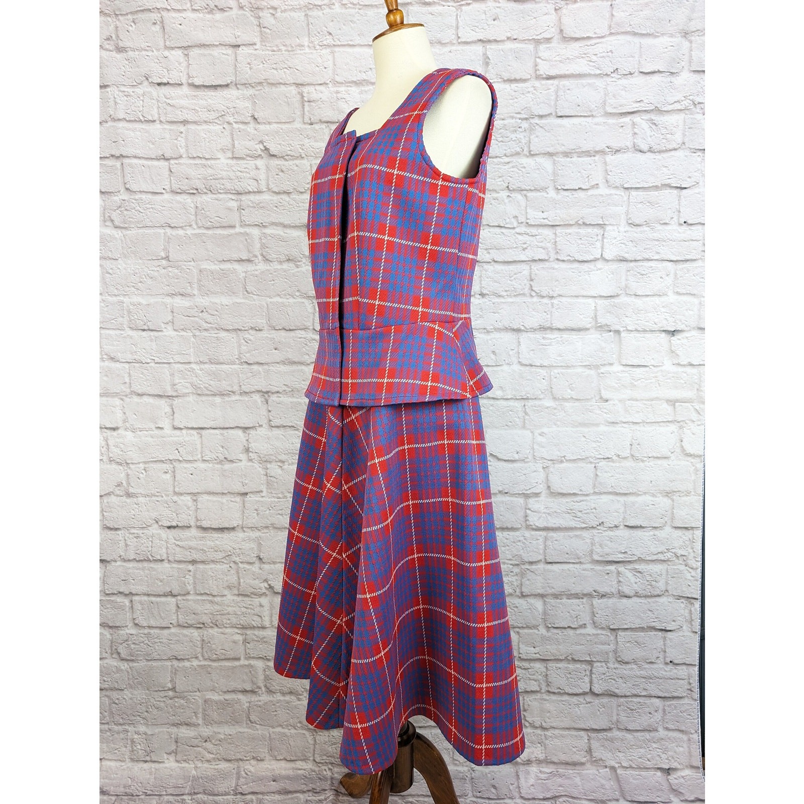 Vintage Mod 2 Piece Plaid Dress Red Blue Plaid Skirt and Vest Shirt Medium Large