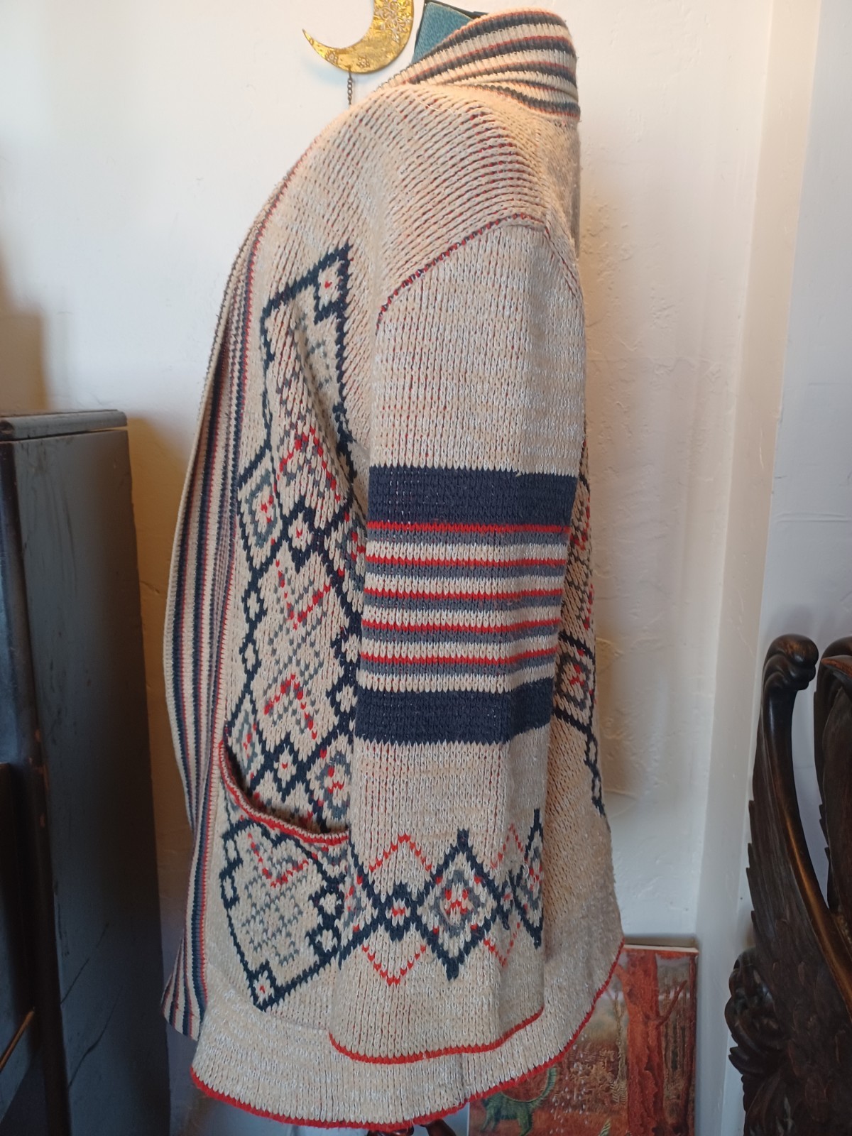 Vintage 70s Boho Geometric Pattern Shawl Collar Cardigan, Wintuck by Sabra