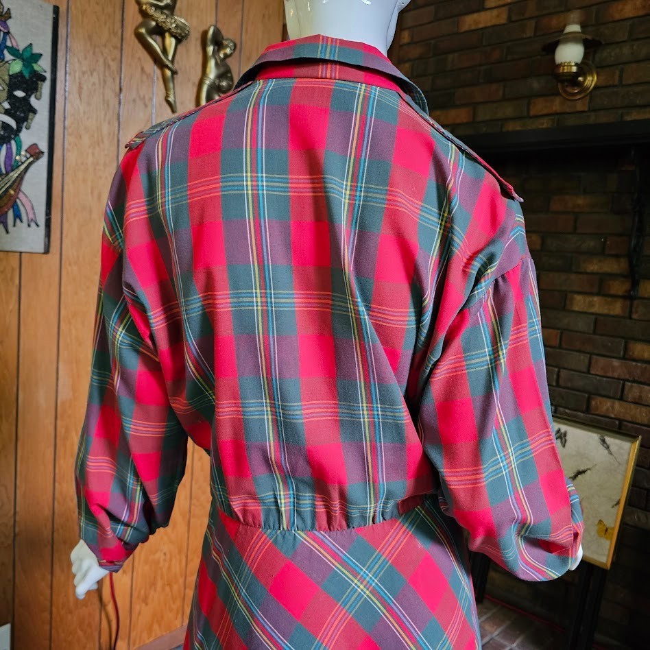 Vtg 80s Tartan Plaid Rockabilly Cowpunk Shirtwaist Full Skirt Swing Dress L/XL