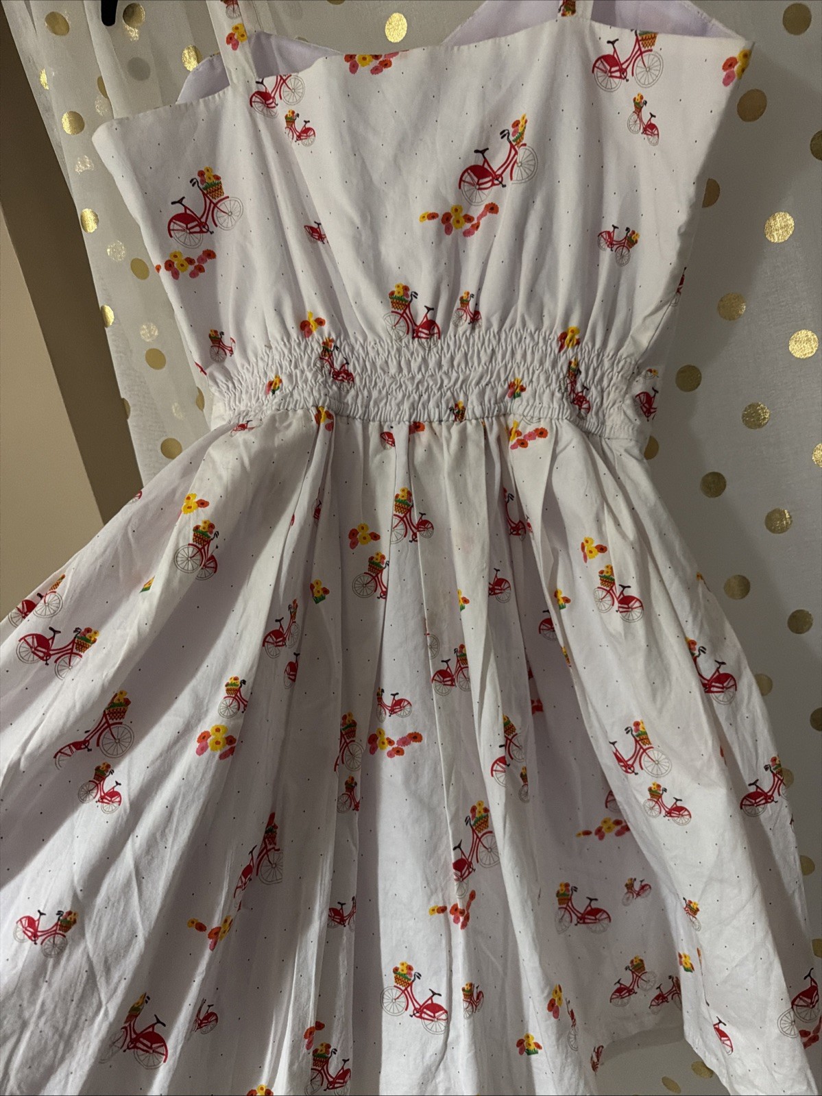 Vintage Unbranded Dress, White with Red Bicycle and Flower Pattern.