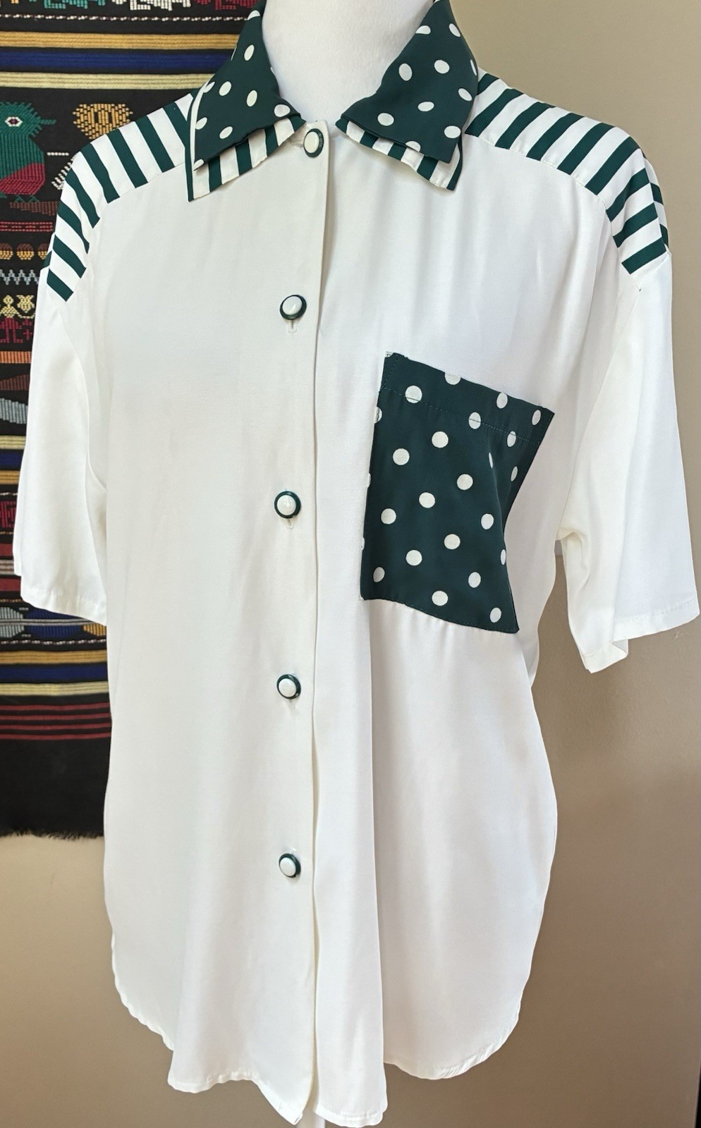 Vintage 90s Button Up Fritzi Blouse size M USA Made Androgyny Polka Dot Green