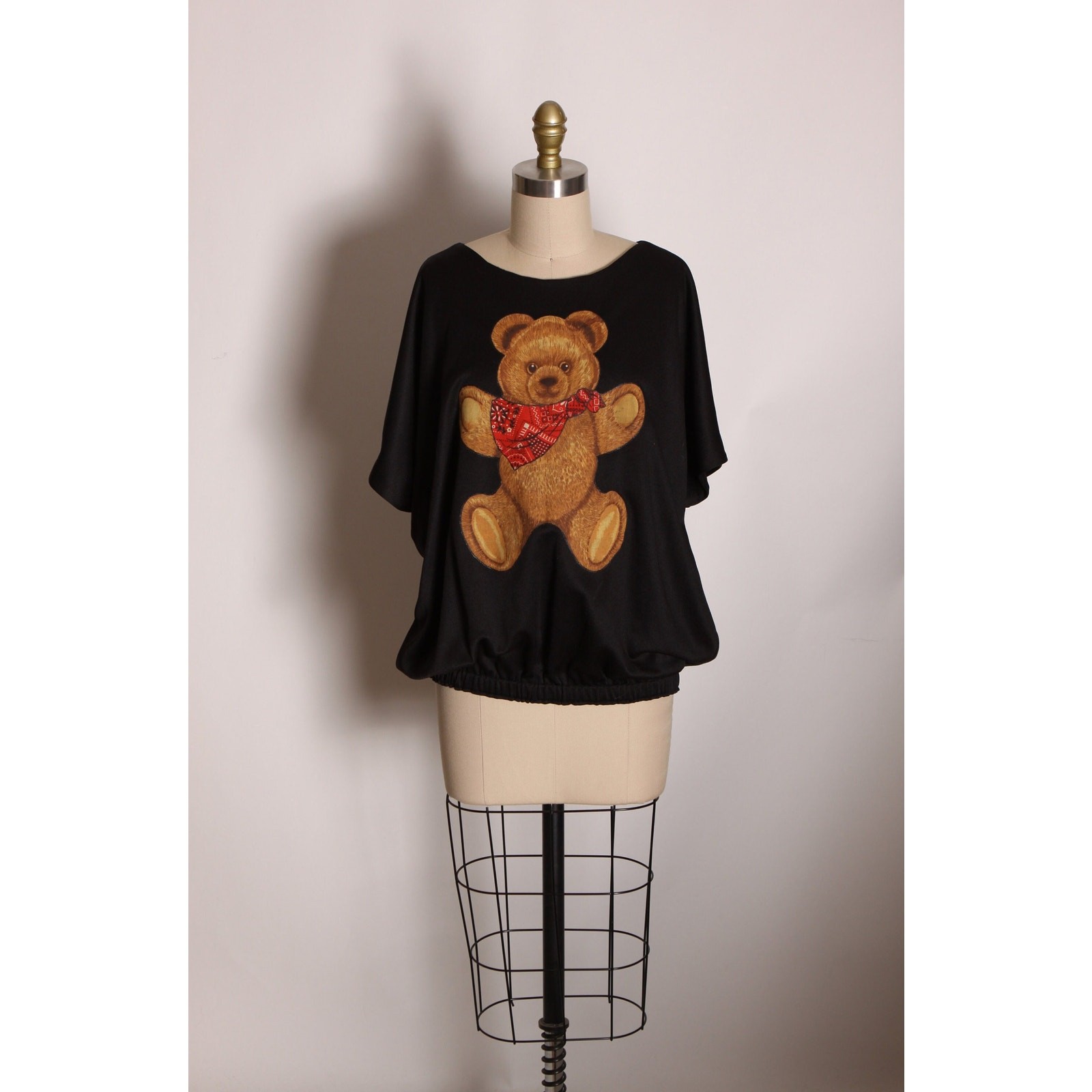 1970s Black Brown Red Short Sleeved Draped Western Bandana Teddy Bear Blouse
