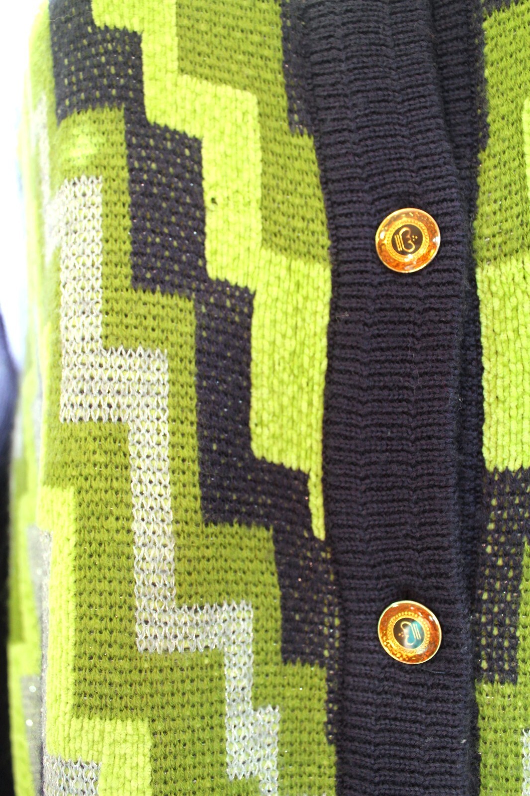 M Vintage 60s d. 1920s Camela Cardigan Art Deco Navy Green Wool Blend Sweater