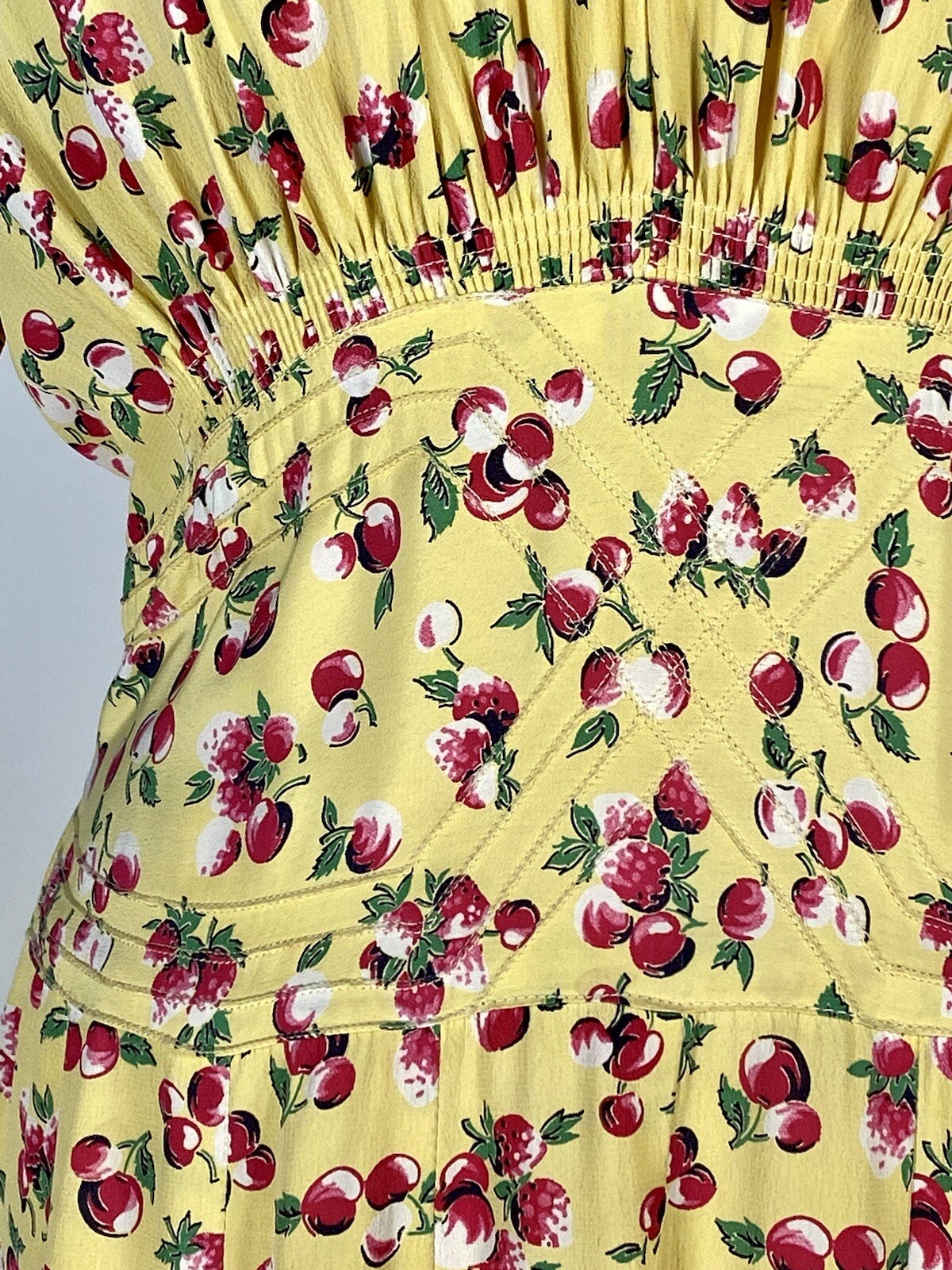 Vintage late 1930’s – 1940’s yellow rayon BERRIES & CHERRIES print swishy dress