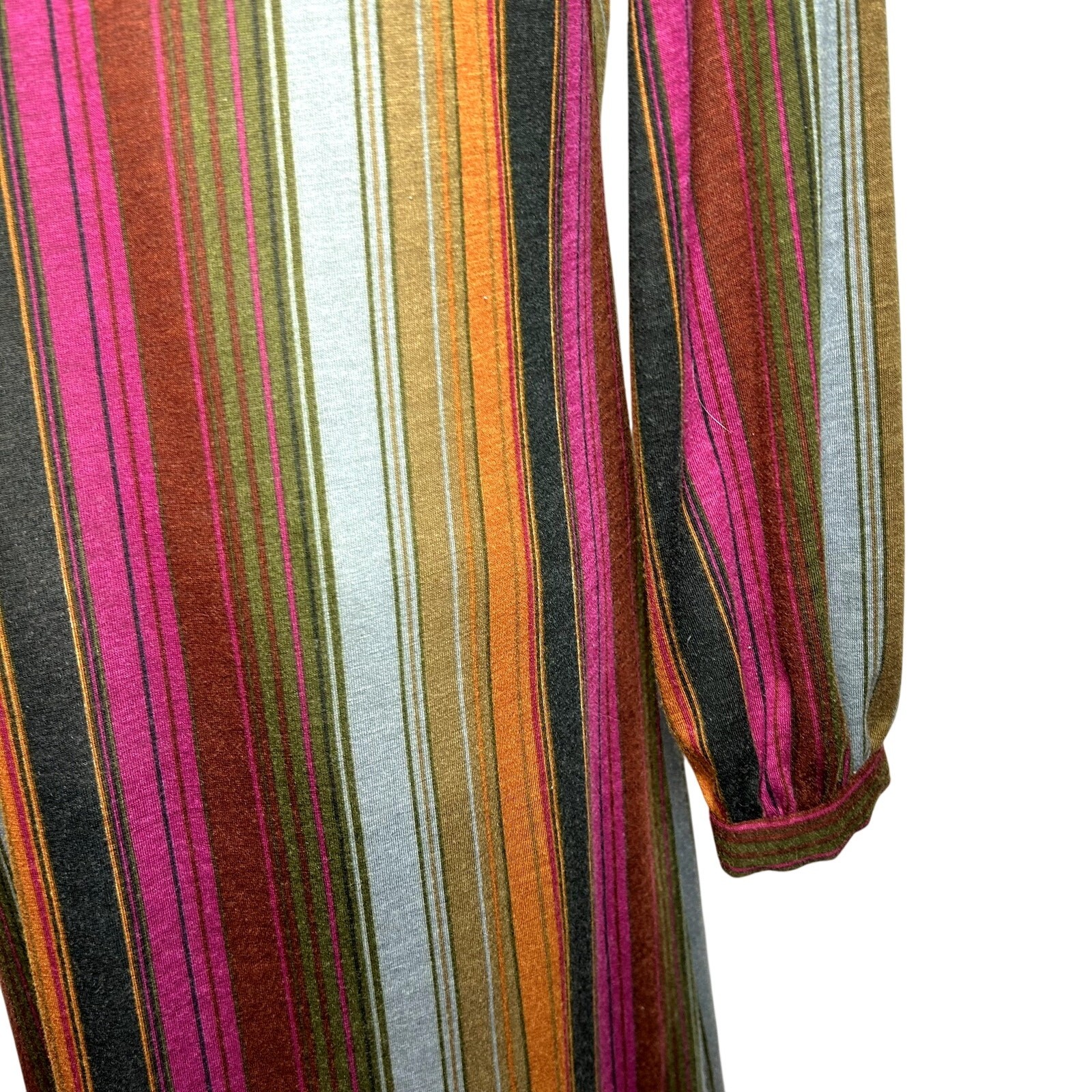 VTG 70s Knit Turtleneck Midi Dress L Pussy Bow Multicolor Bespoke Retro Twee