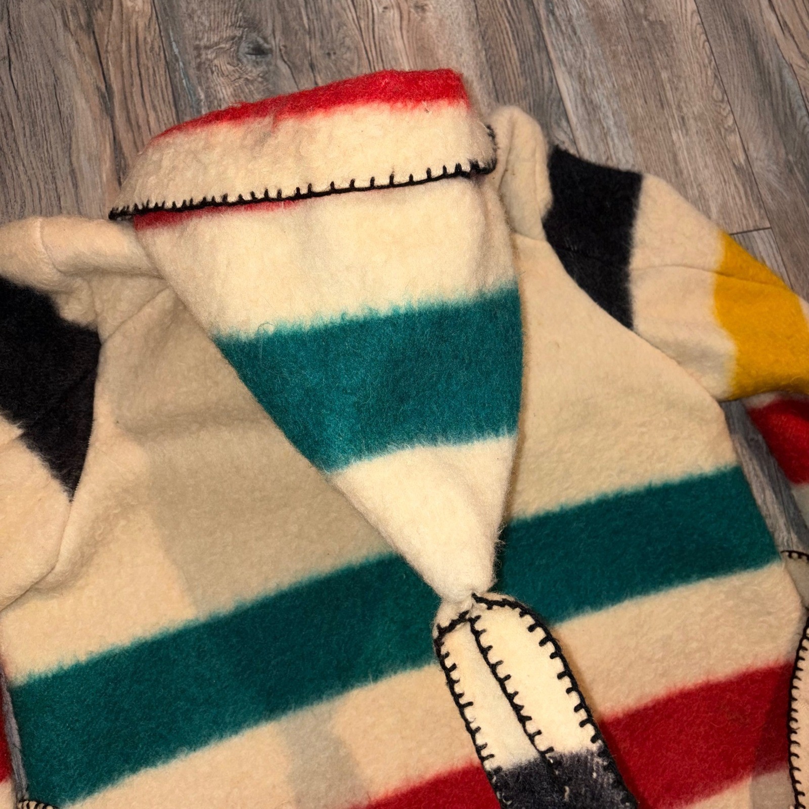 Vintage Handmade Hudson Bay Style Wool Blanket Coat Multi Stripe Hooded Belted