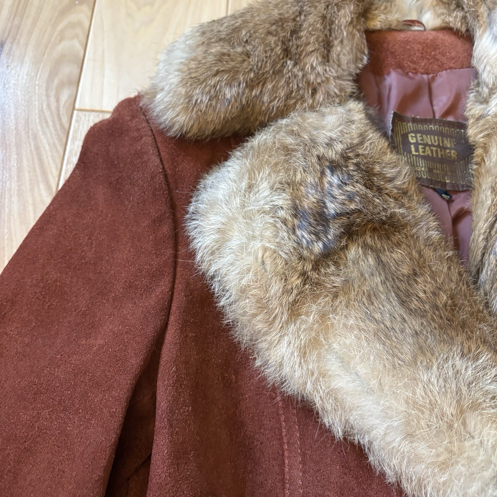 Vintage 70’s Genuine Suede Leather Rabbit Fur Collar Belted Jacket