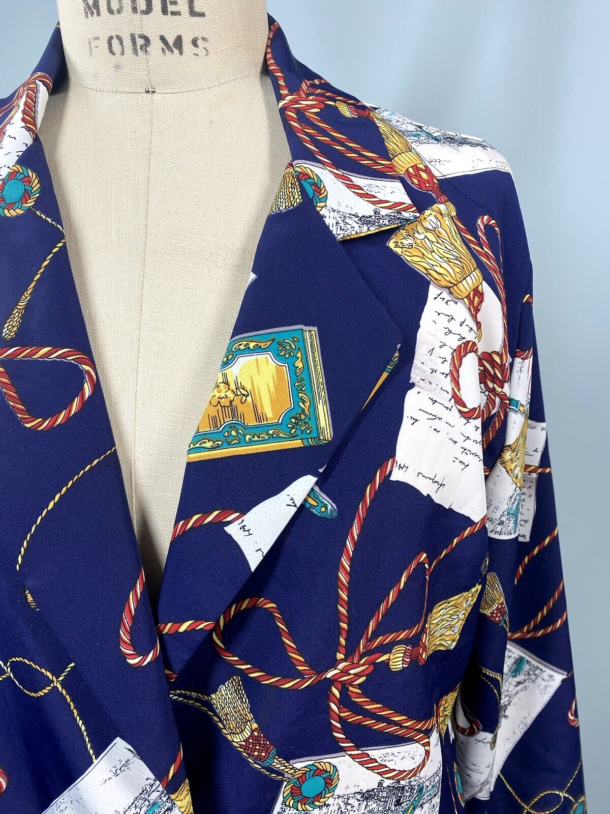 Vintage Women’s Jacket SIZE MEDIUM blue post card writing tassel 80s 90s
