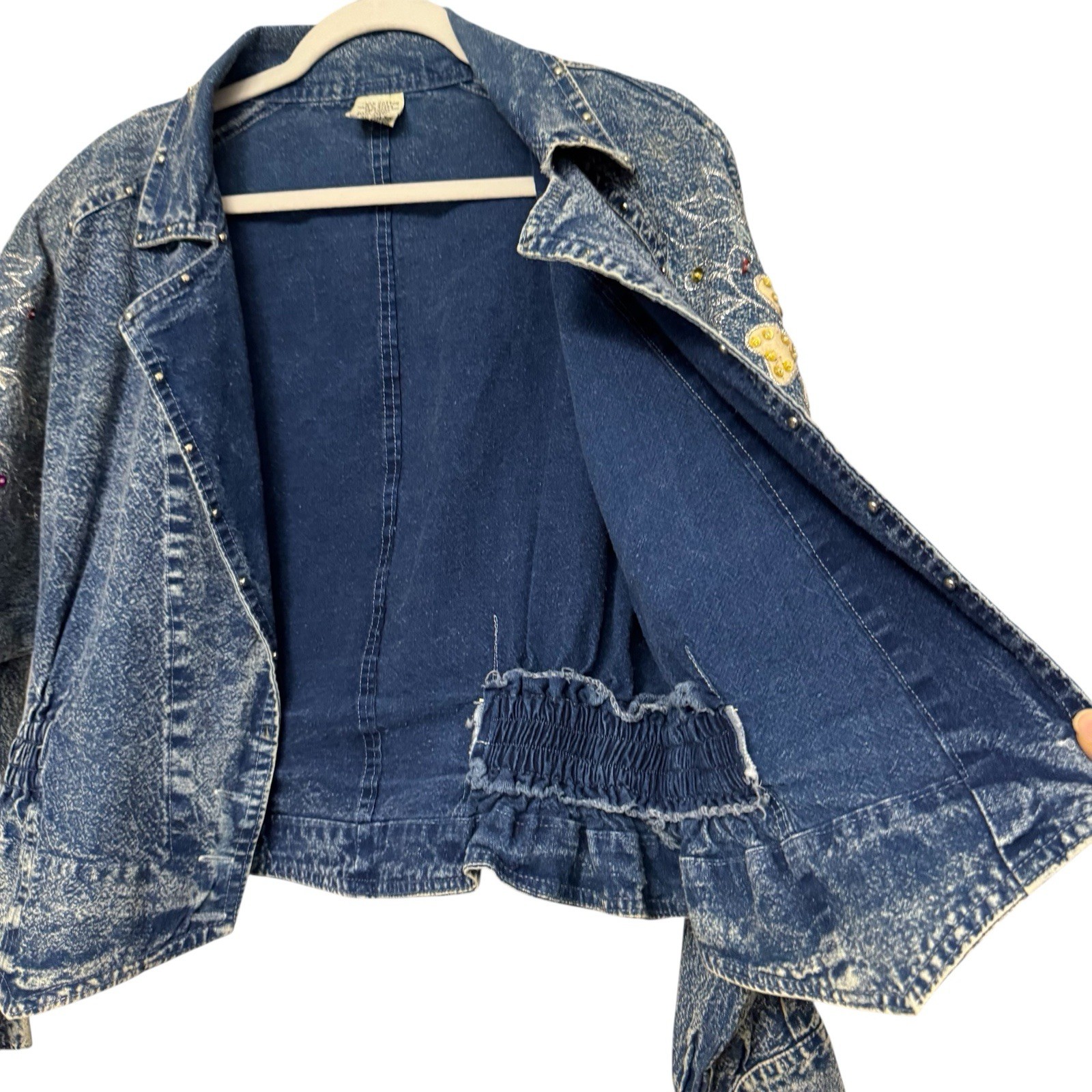 80s Denim Jacket Short Acid Wash Floral Embroidery Embellished Crop Sz M Vtg EUC