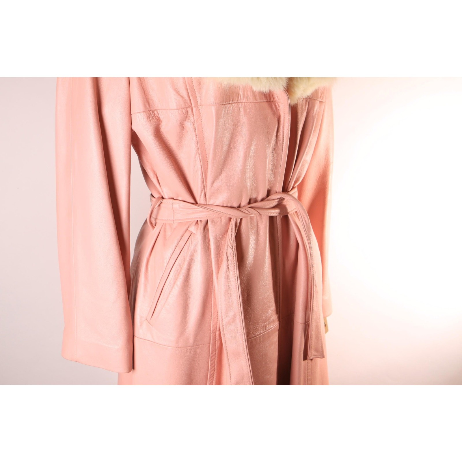 1970s Pink Leather Cream Fox Fur Trench Coat by New England Sportswear Company