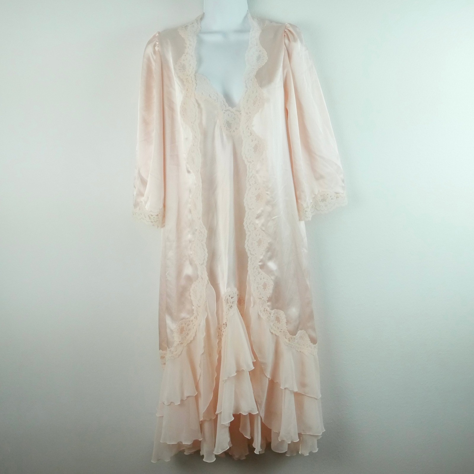 Vintage Blanche Pink Satin Nightgown Robe Set Peignoir Lace Sheer Ruffle P XS