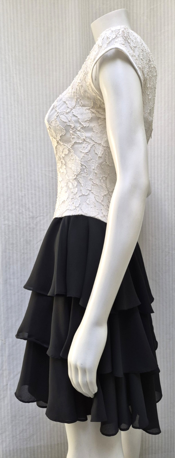Vintage 80’s LATE EDITION Black w/ White Floral Lace Sheer Ruffle Dress – Size S