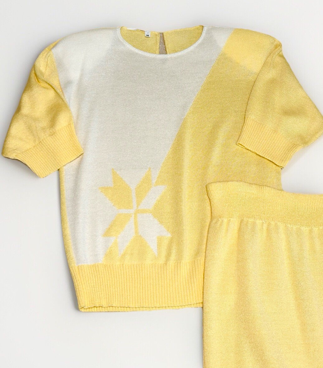 Vintage 80s Yellow Knit Sweater Skirt Set Large Shoulder Pads Amazing!