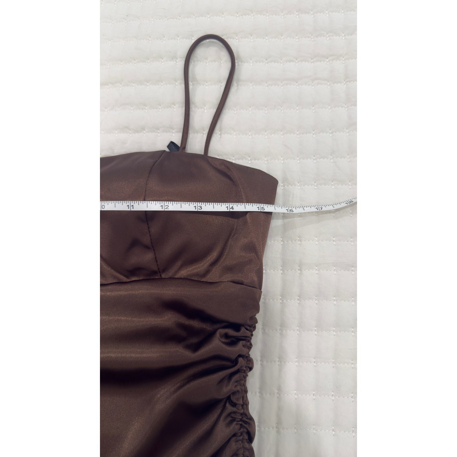 Vintage Blondie Nites Brown Satin Ruched Ruffle High Low Prom Dress 7